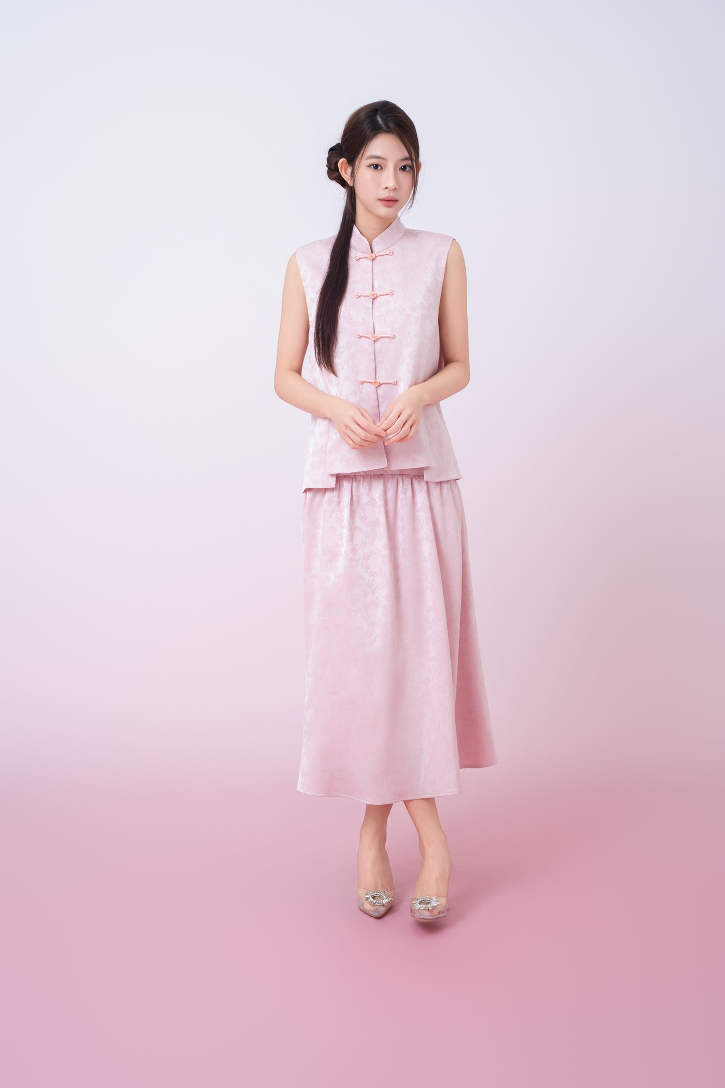 Kaiya Pink Jacquard Midi A-Line Skirt
