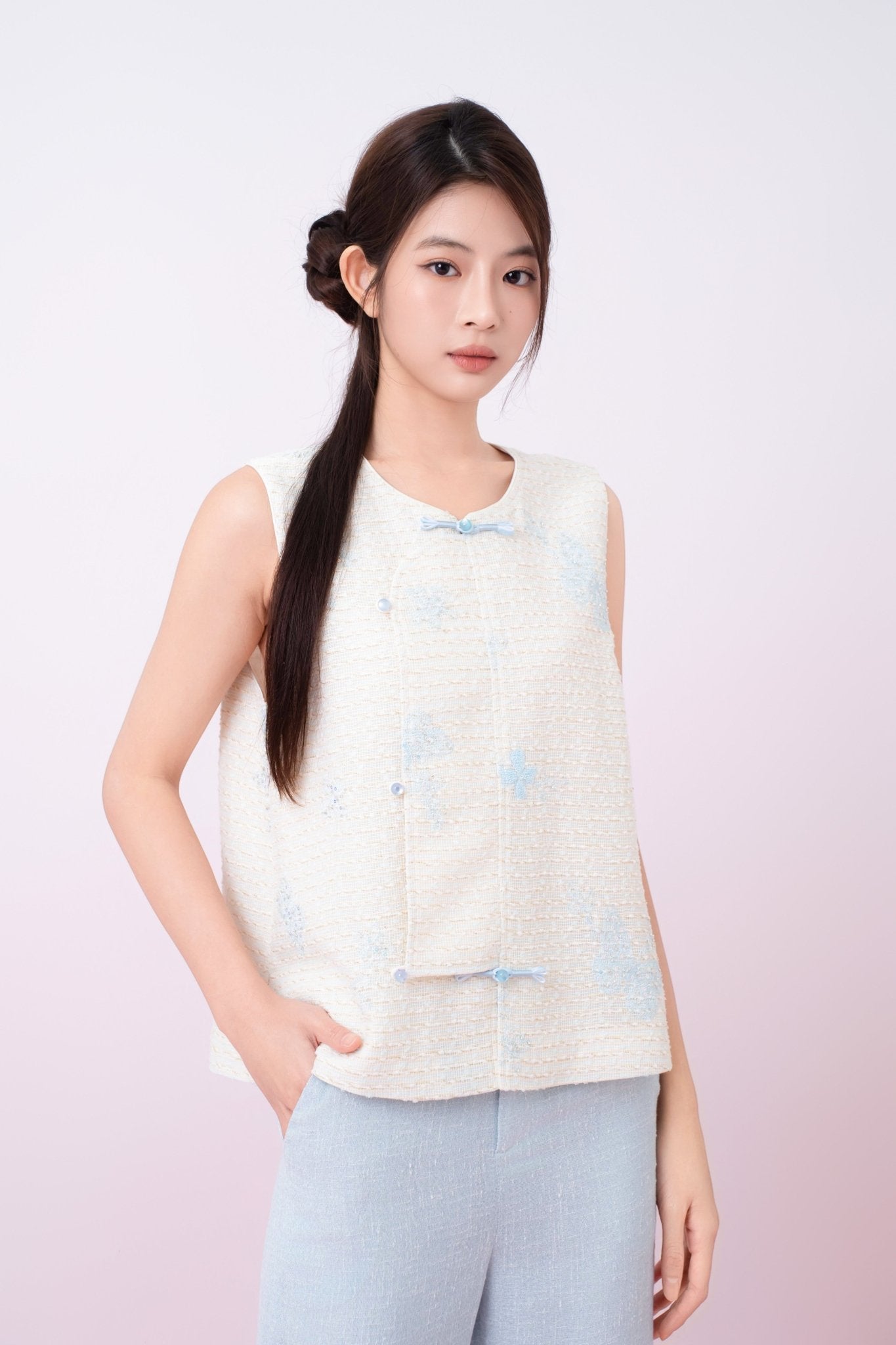 Kinley Cream Tweed With Butterfly Embroidery Vest Top - Nimisski