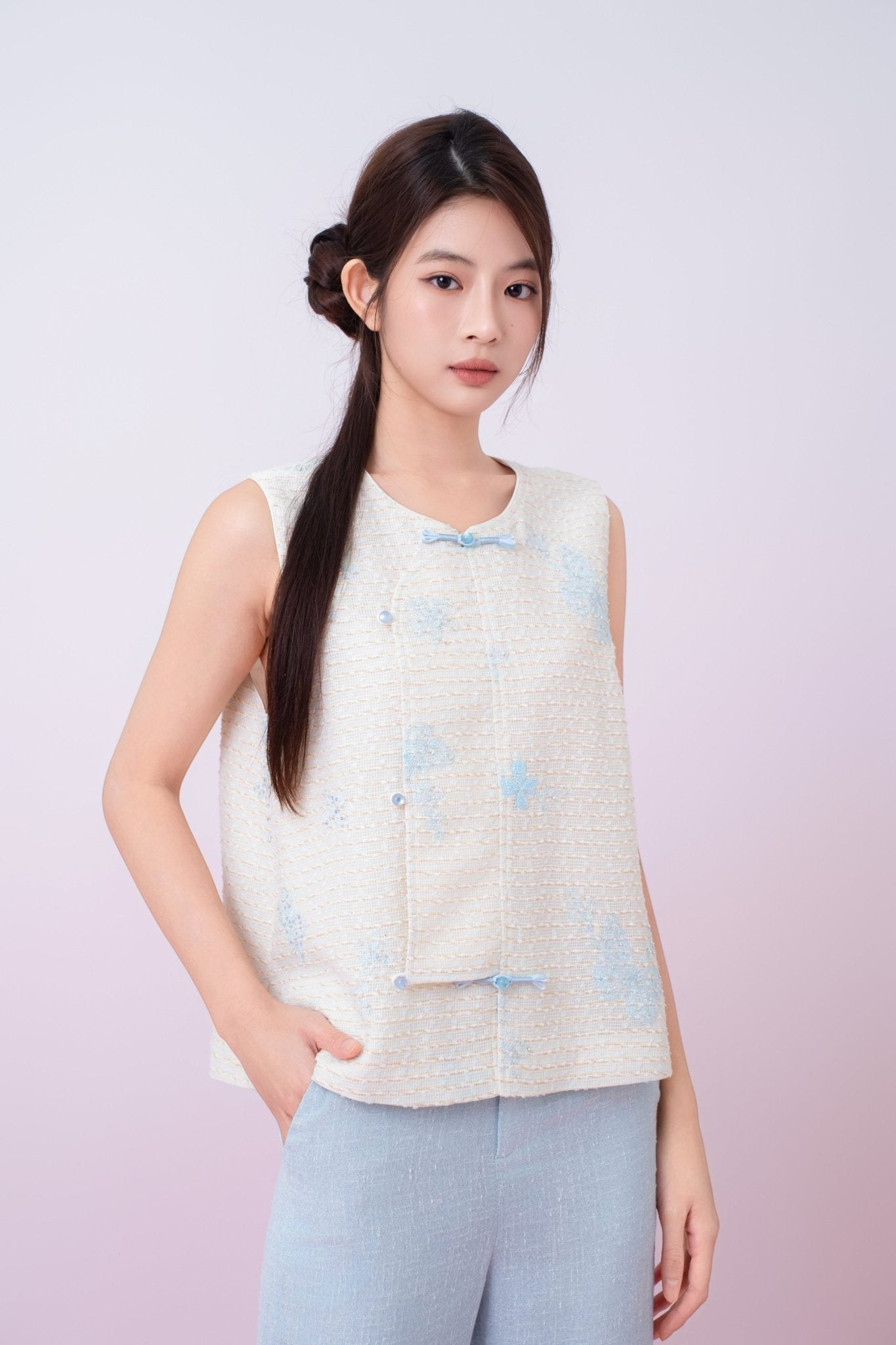 Kinley Cream Tweed With Butterfly Embroidery Vest Top - Nimisski