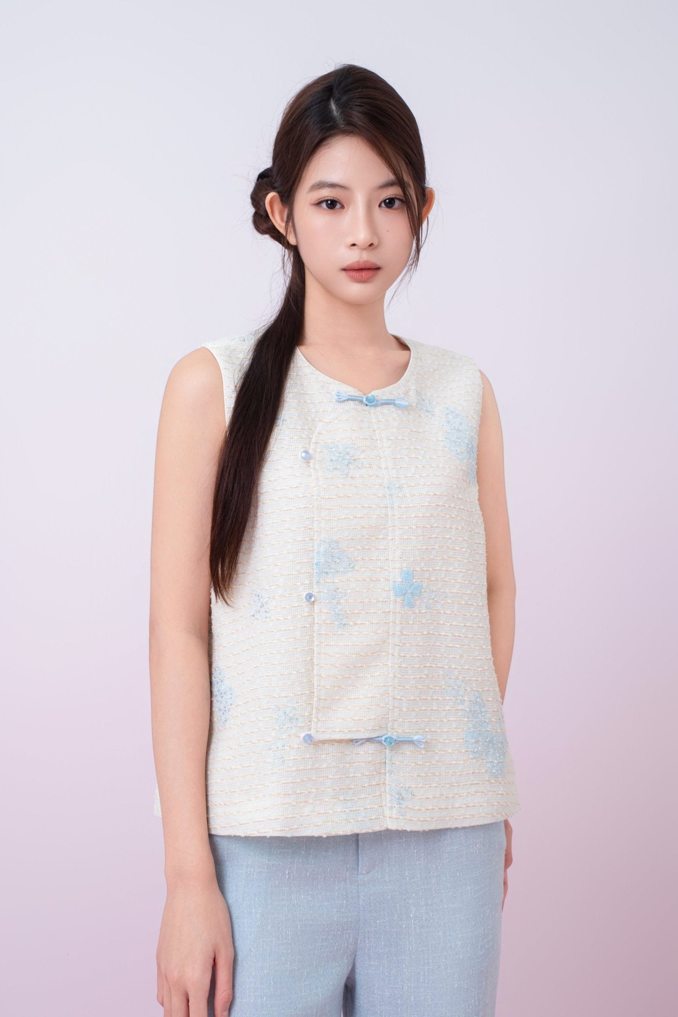 Kinley Cream Tweed With Butterfly Embroidery Vest Top - Nimisski