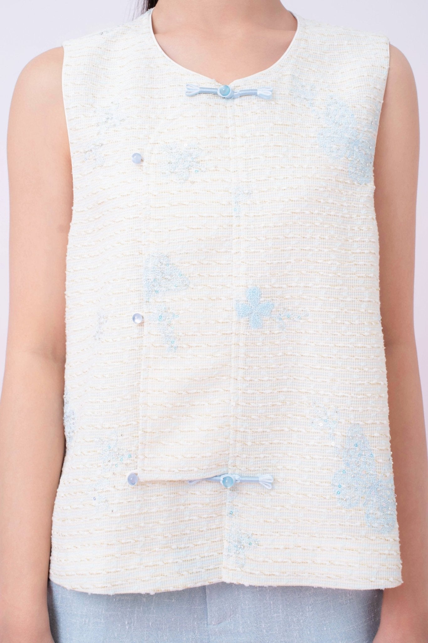 Kinley Cream Tweed With Butterfly Embroidery Vest Top - Nimisski