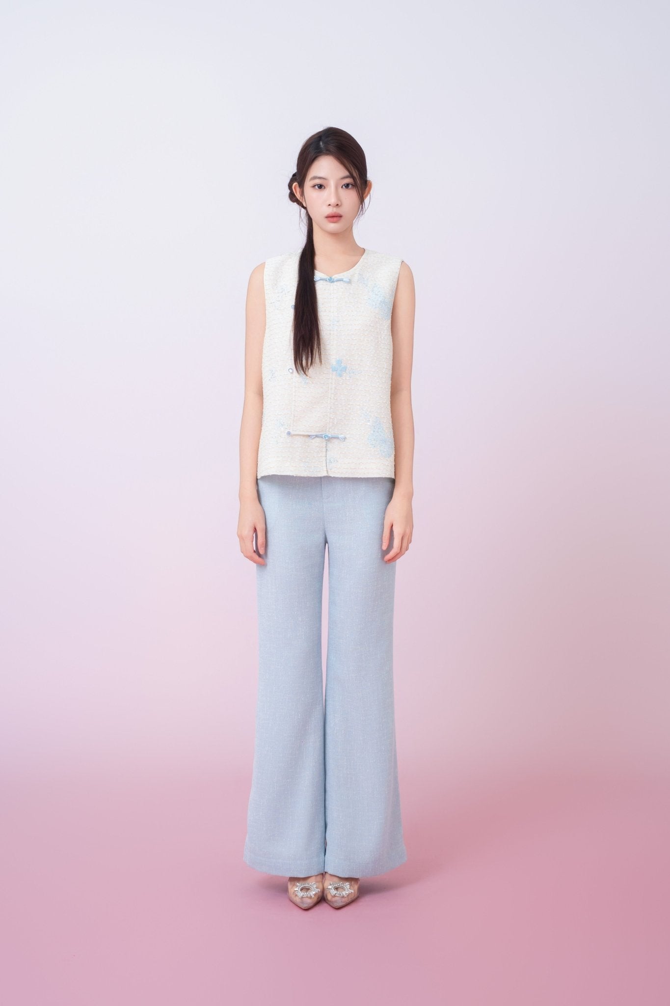 Kinley Cream Tweed With Butterfly Embroidery Vest Top - Nimisski