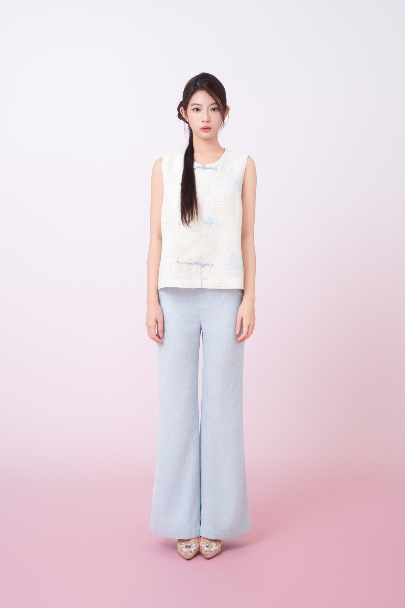 Kinley Cream Tweed With Butterfly Embroidery Vest Top - Nimisski