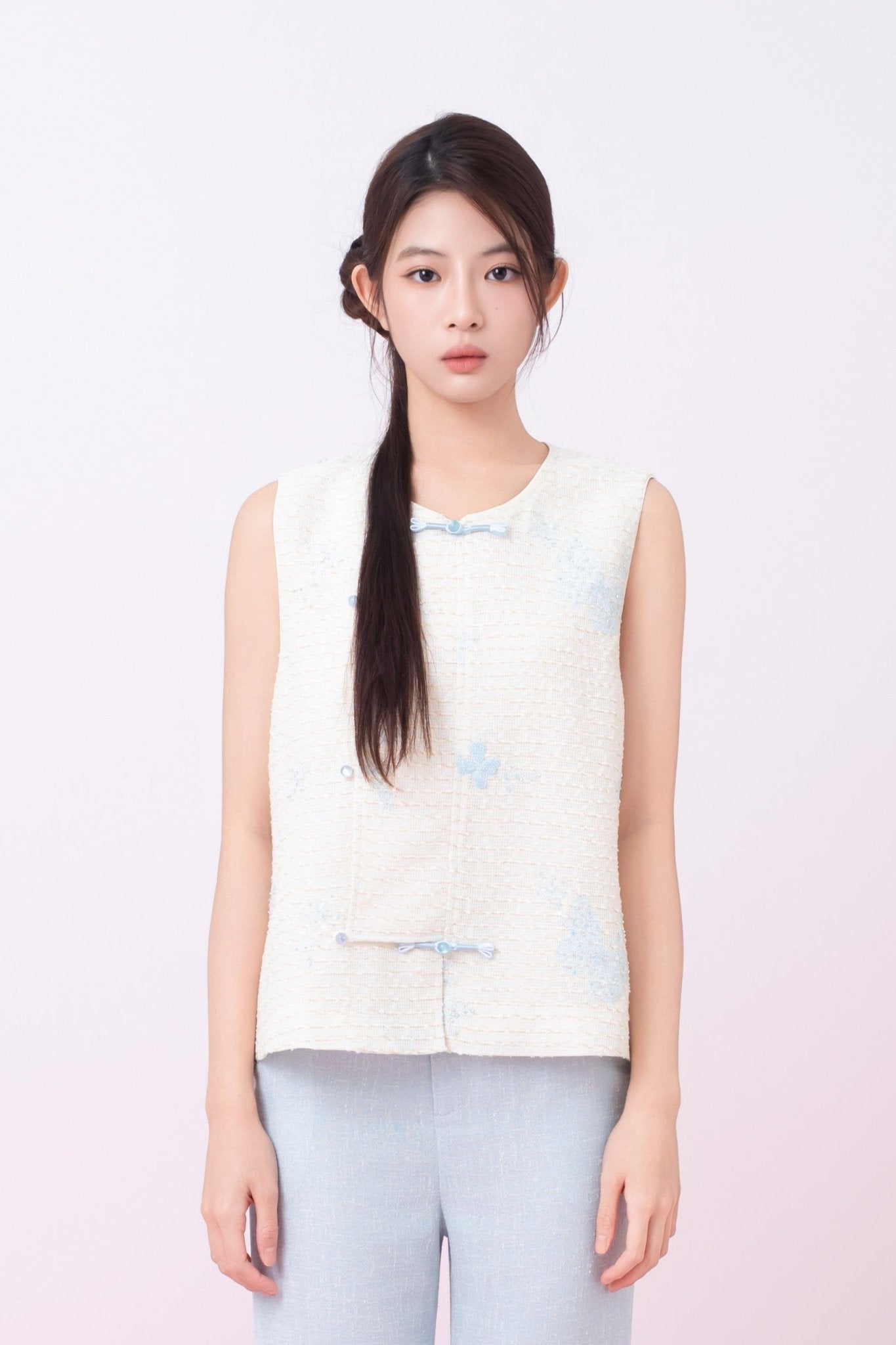 Kinley Cream Tweed With Butterfly Embroidery Vest Top - Nimisski