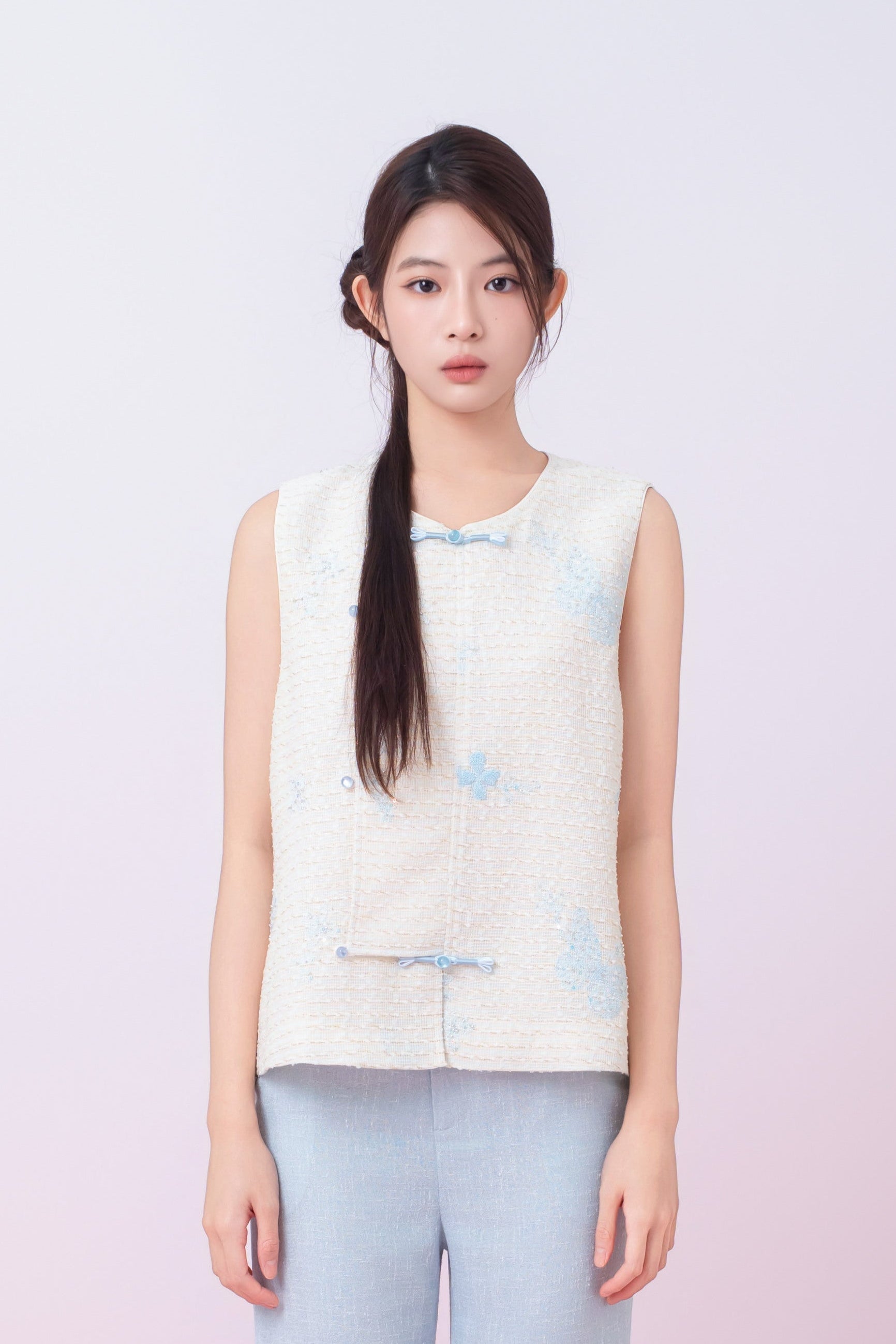Kinley Cream Tweed With Butterfly Embroidery Vest Top