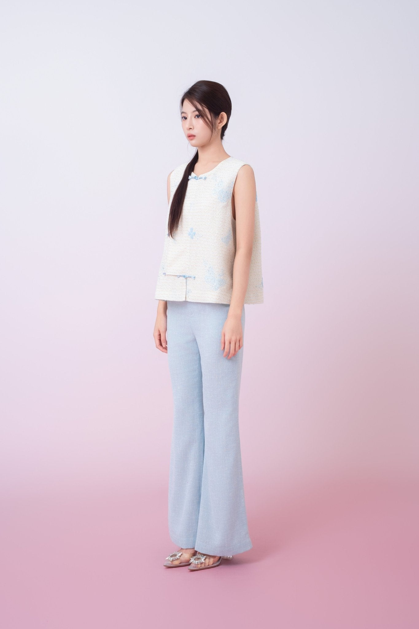 Kinley Cream Tweed With Butterfly Embroidery Vest Top - Nimisski