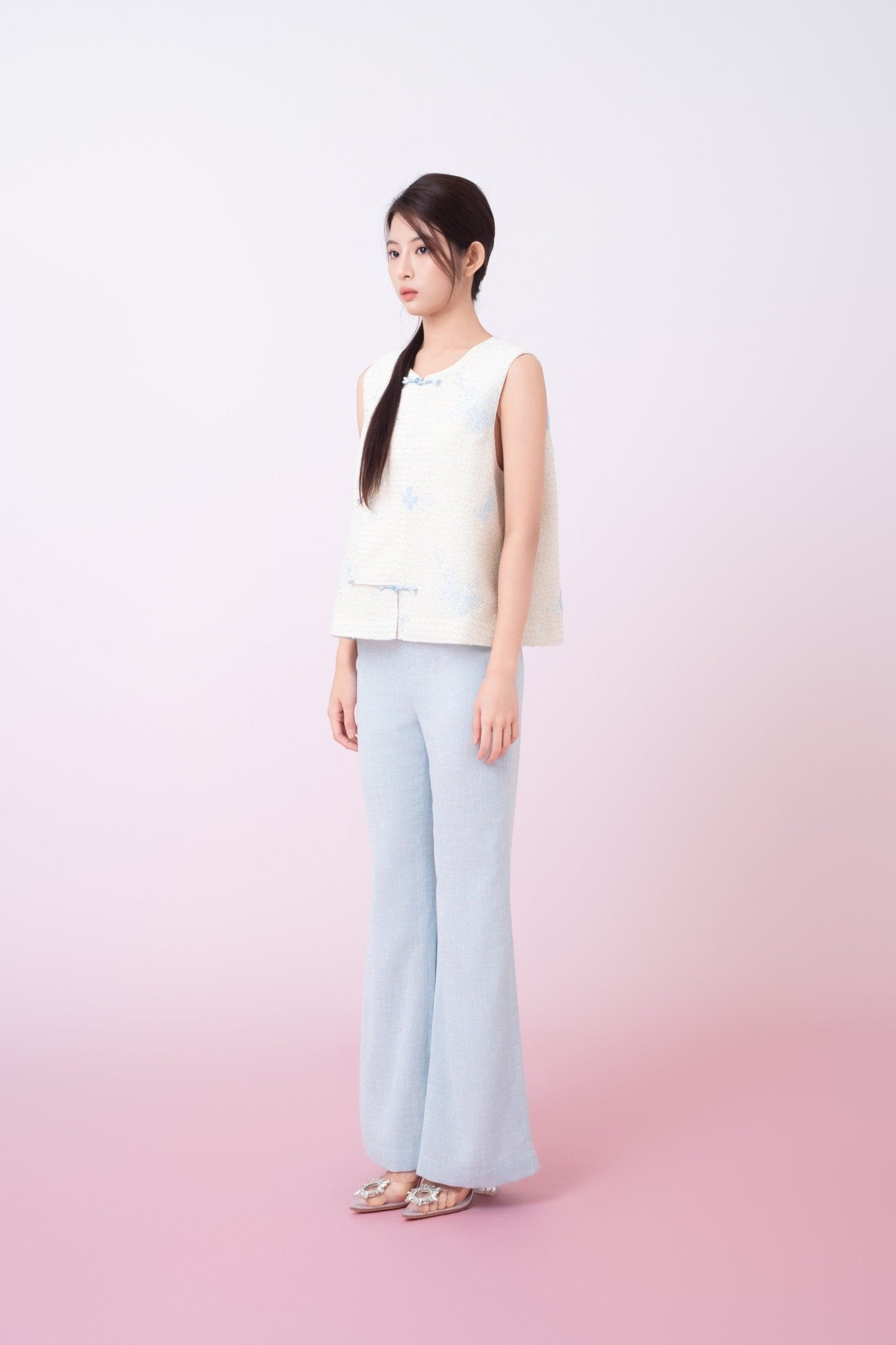 Kinley Cream Tweed With Butterfly Embroidery Vest Top - Nimisski