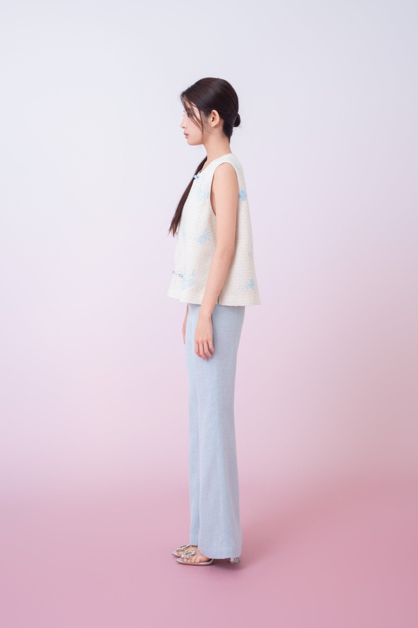 Kinley Cream Tweed With Butterfly Embroidery Vest Top - Nimisski