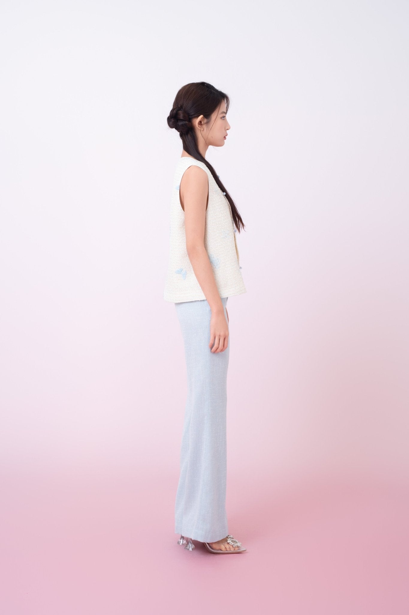 Kinley Cream Tweed With Butterfly Embroidery Vest Top - Nimisski