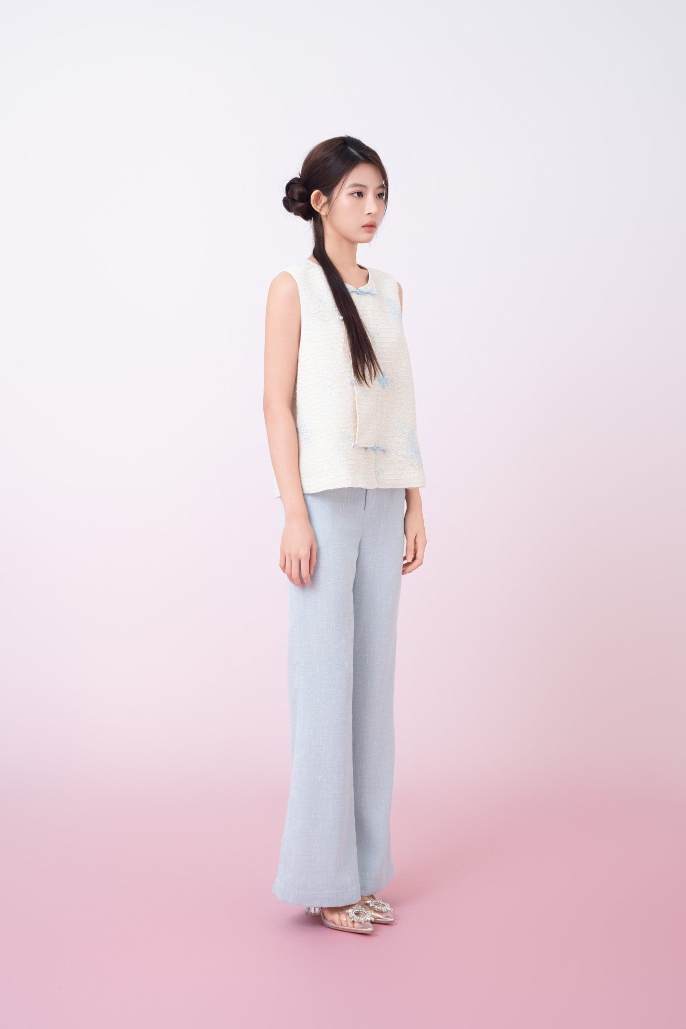 Kinley Cream Tweed With Butterfly Embroidery Vest Top - Nimisski