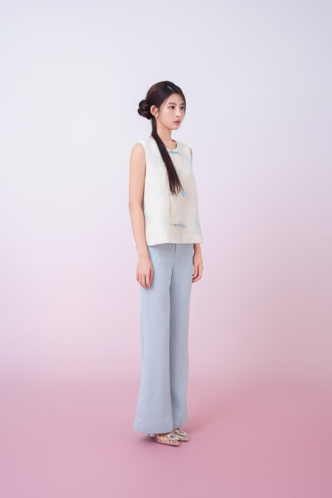 Kinley Cream Tweed With Butterfly Embroidery Vest Top - Nimisski
