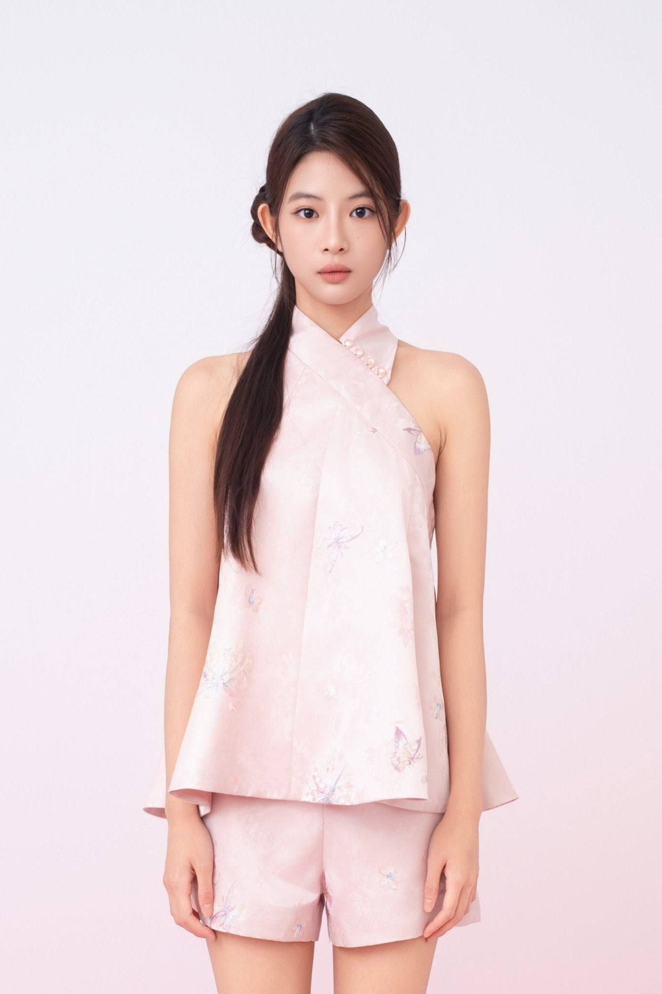 Karlee Blush Pink With Embroidery Halter Cheongsam Top - Nimisski