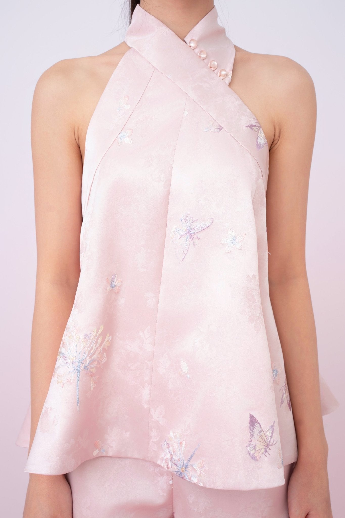 Karlee Blush Pink With Embroidery Halter Cheongsam Top - Nimisski