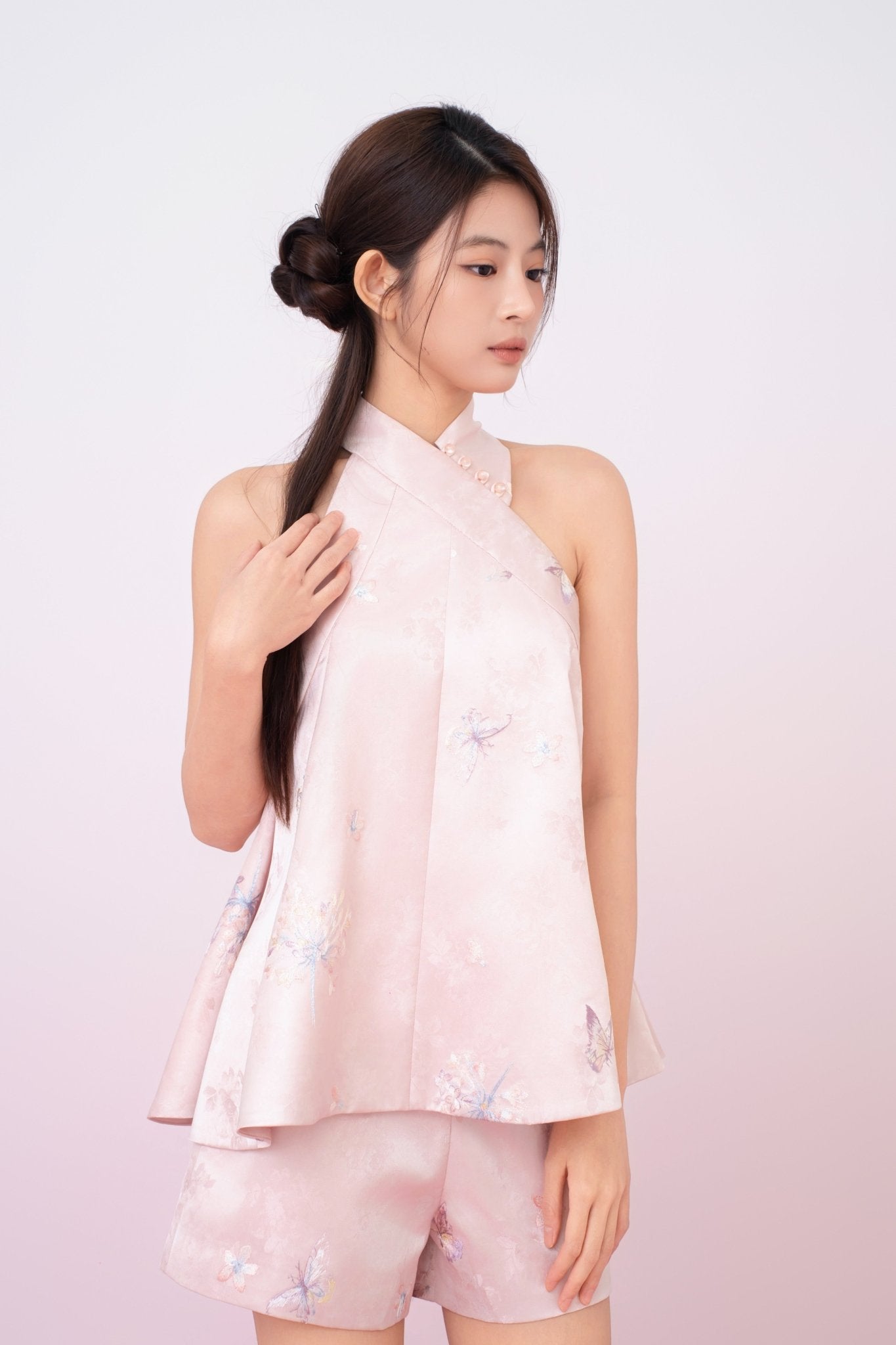 Karlee Blush Pink With Embroidery Halter Cheongsam Top - Nimisski