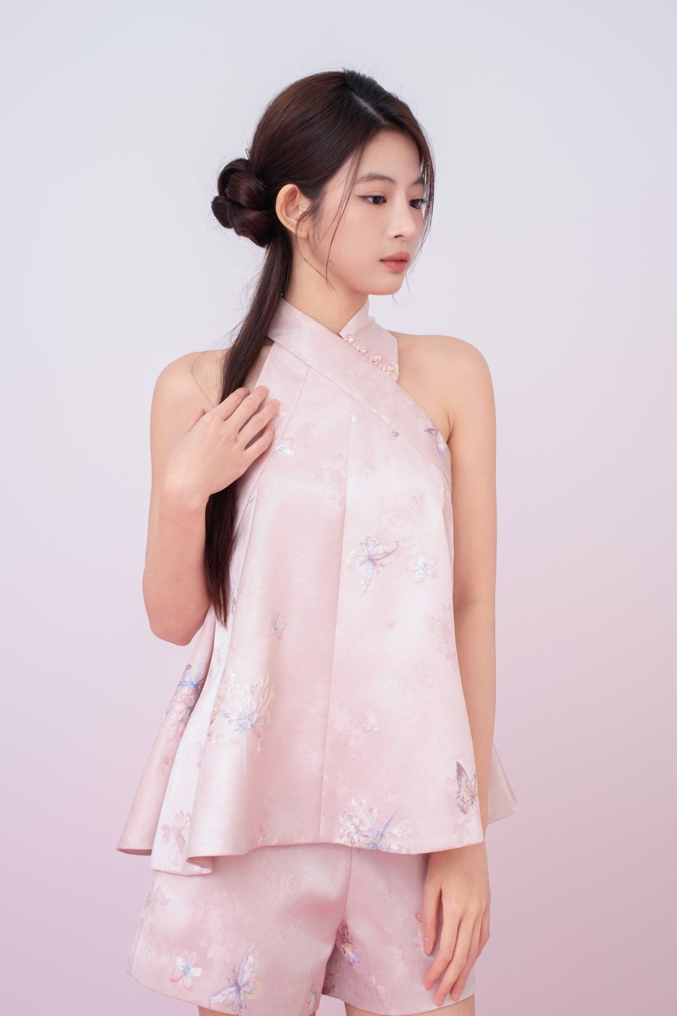 Karlee Blush Pink With Embroidery Halter Cheongsam Top - Nimisski