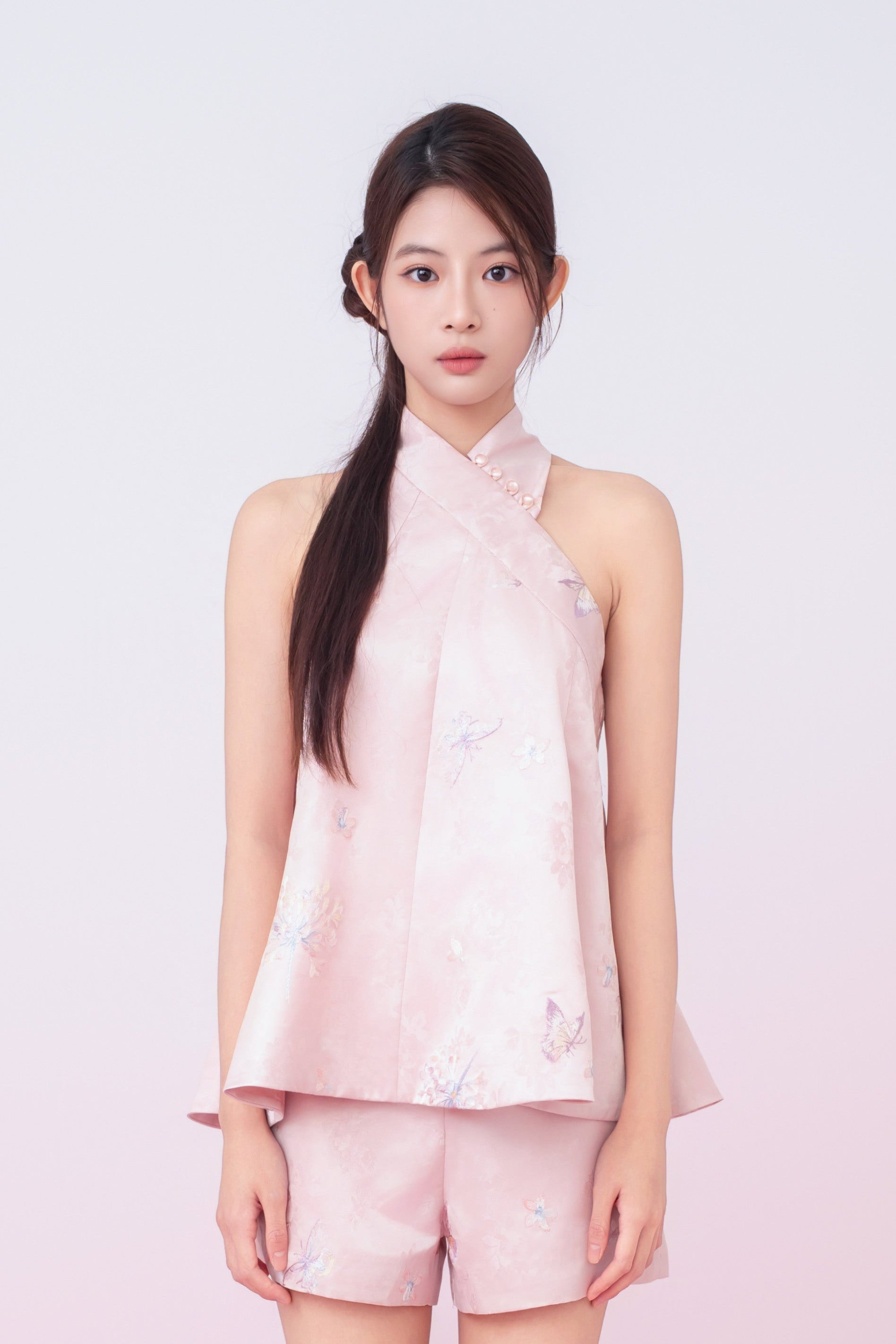 Karlee Blush Pink With Embroidery Halter Cheongsam Top