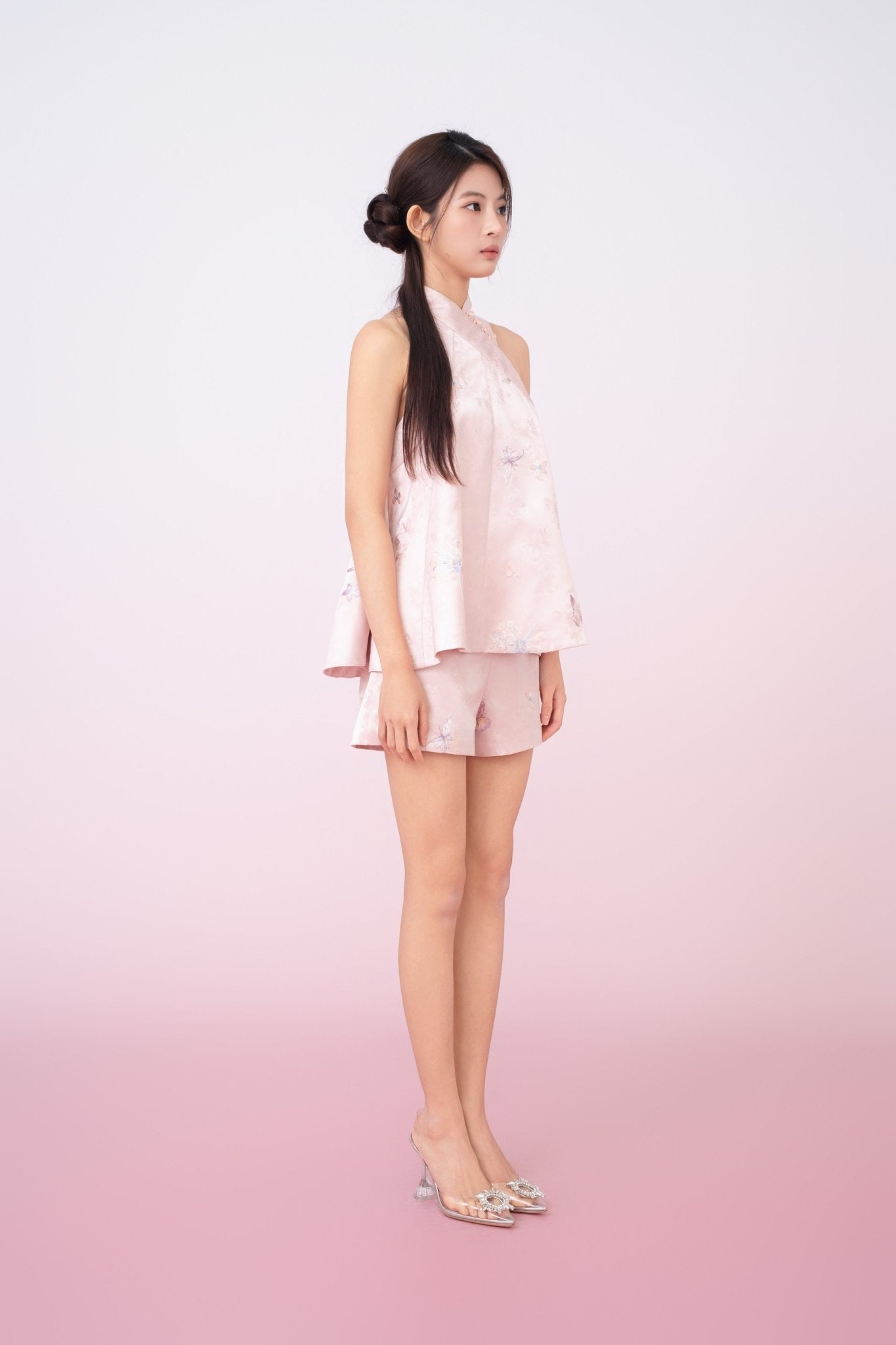 Karlee Blush Pink With Embroidery Halter Cheongsam Top - Nimisski