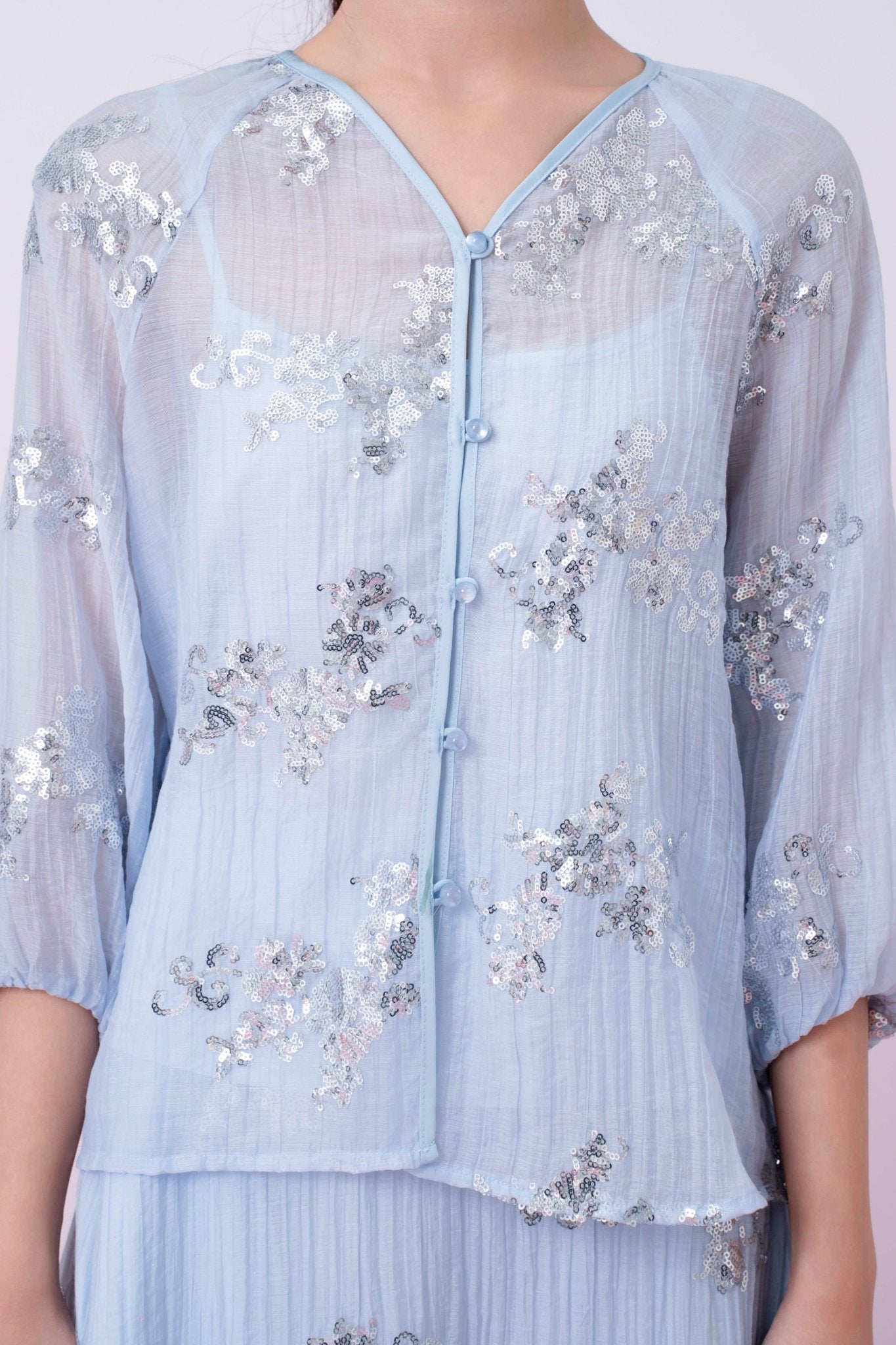 Keily Light Blue Sequined Sheer Organza Long Sleeve Top - Nimisski