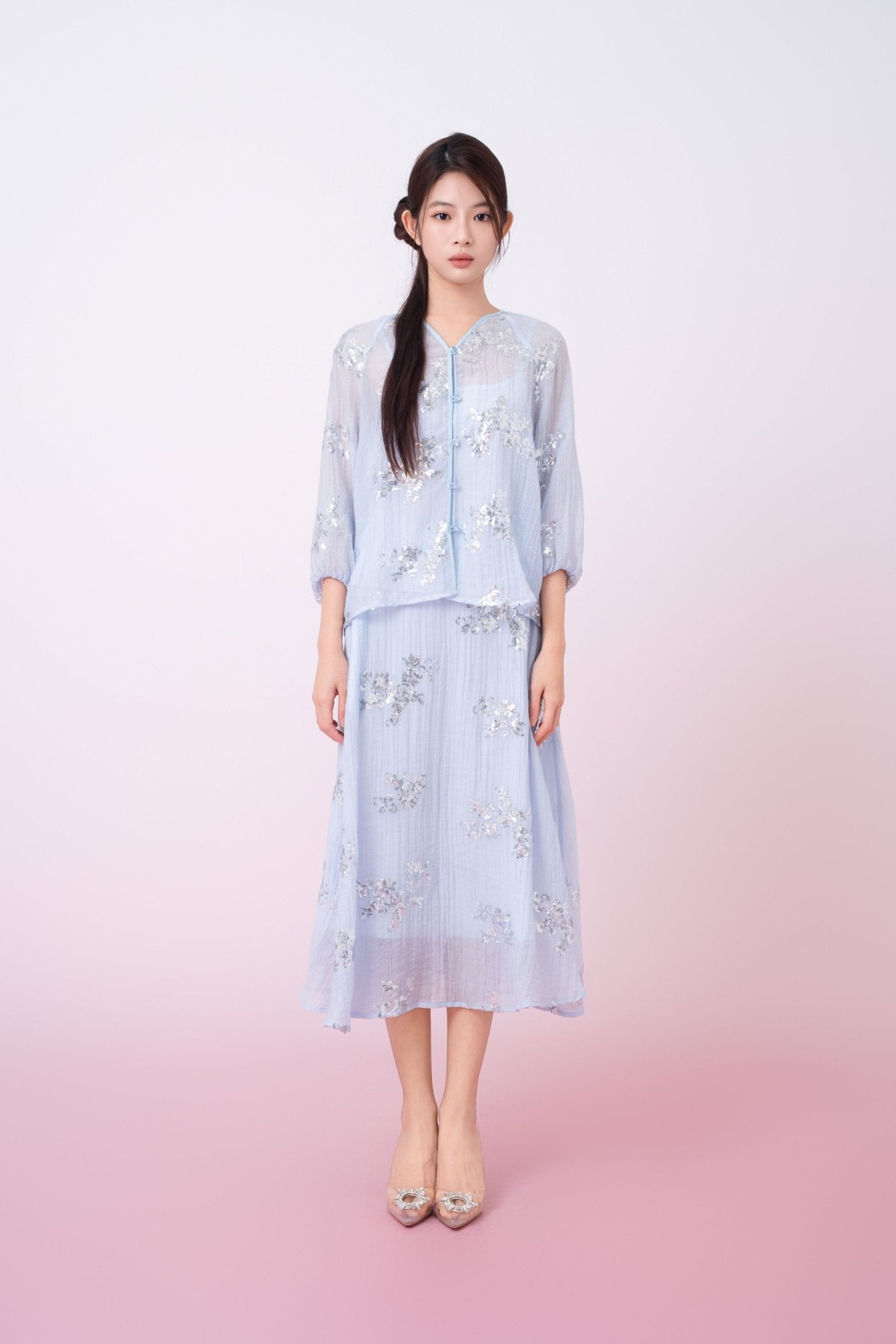 Keily Light Blue Sequined Sheer Organza Midi Skirt - Nimisski