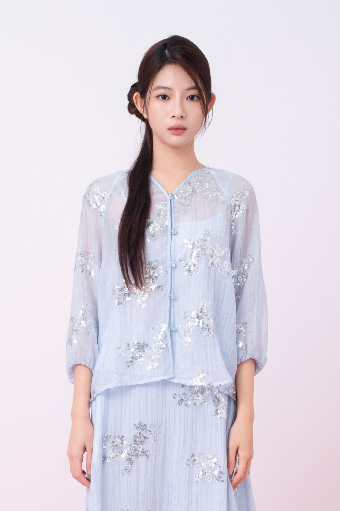 Keily Light Blue Sequined Sheer Organza Long Sleeve Top - Nimisski
