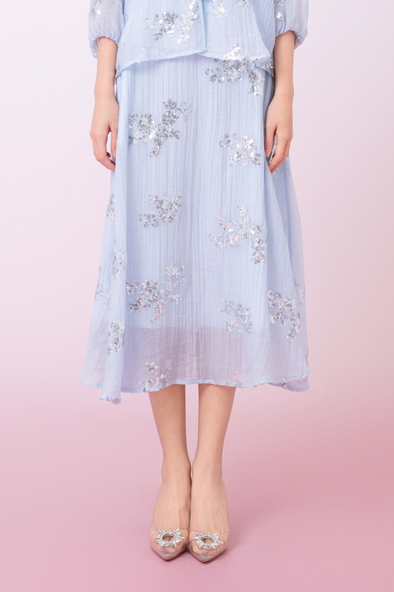 Keily Light Blue Sequined Sheer Organza Midi Skirt - Nimisski