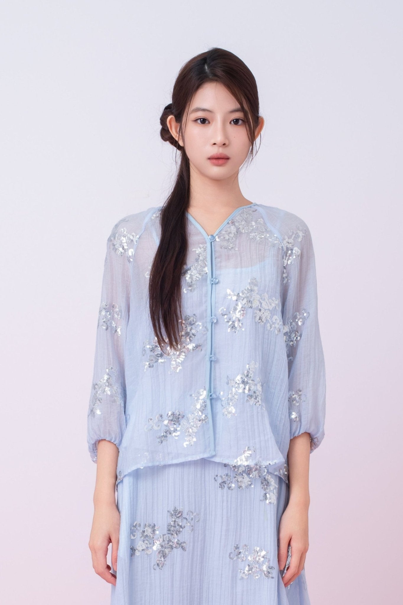 Keily Light Blue Sequined Sheer Organza Long Sleeve Top - Nimisski