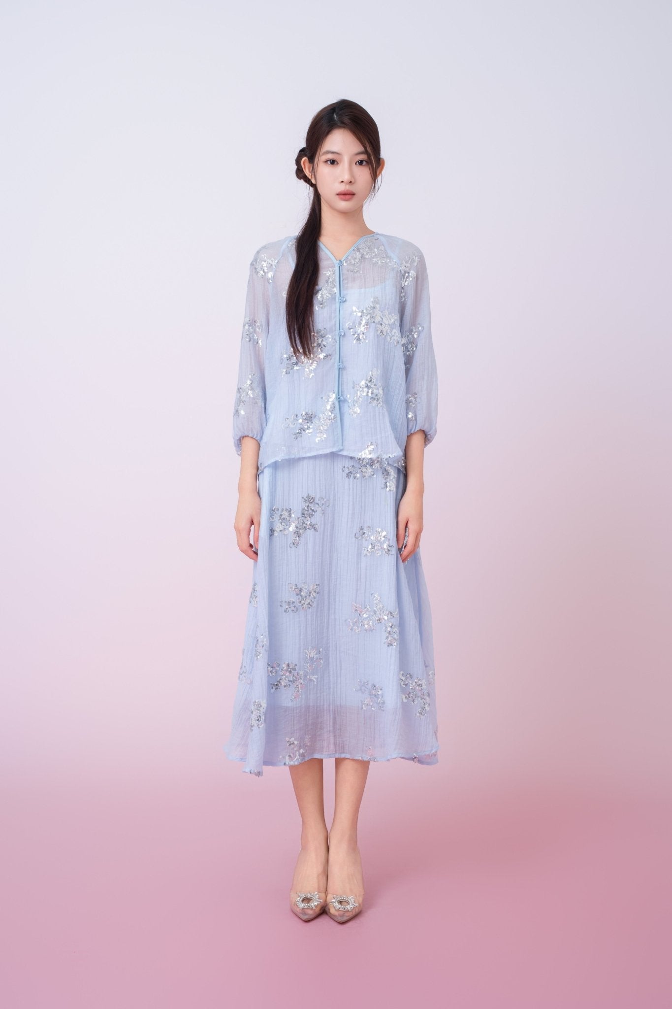Keily Light Blue Sequined Sheer Organza Midi Skirt - Nimisski