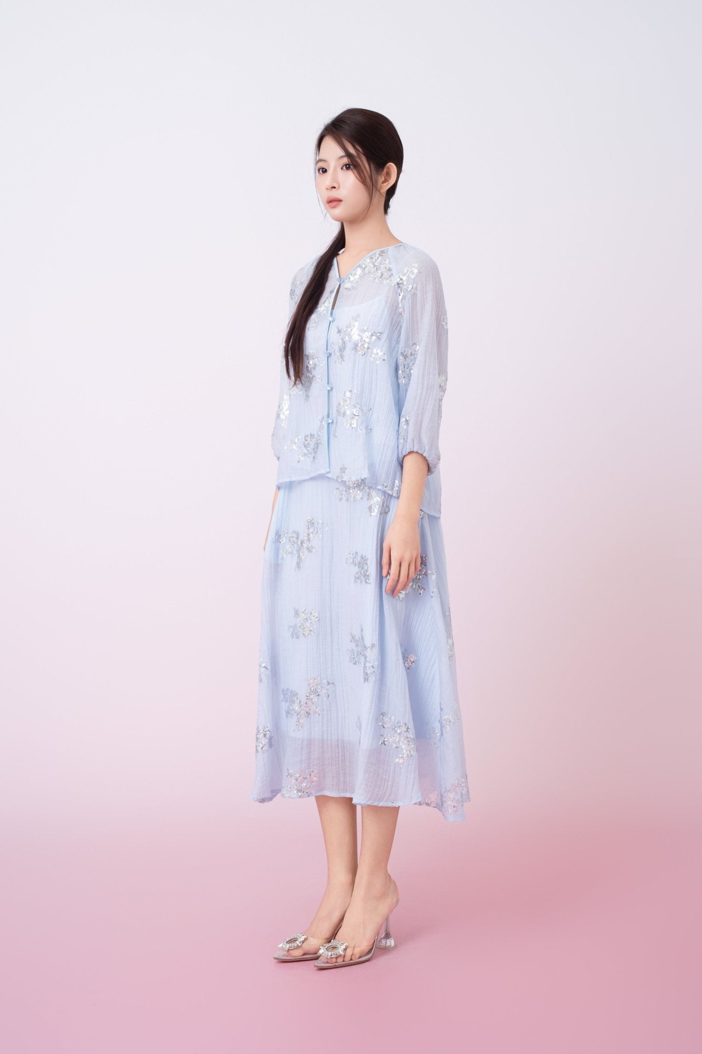 Keily Light Blue Sequined Sheer Organza Long Sleeve Top - Nimisski