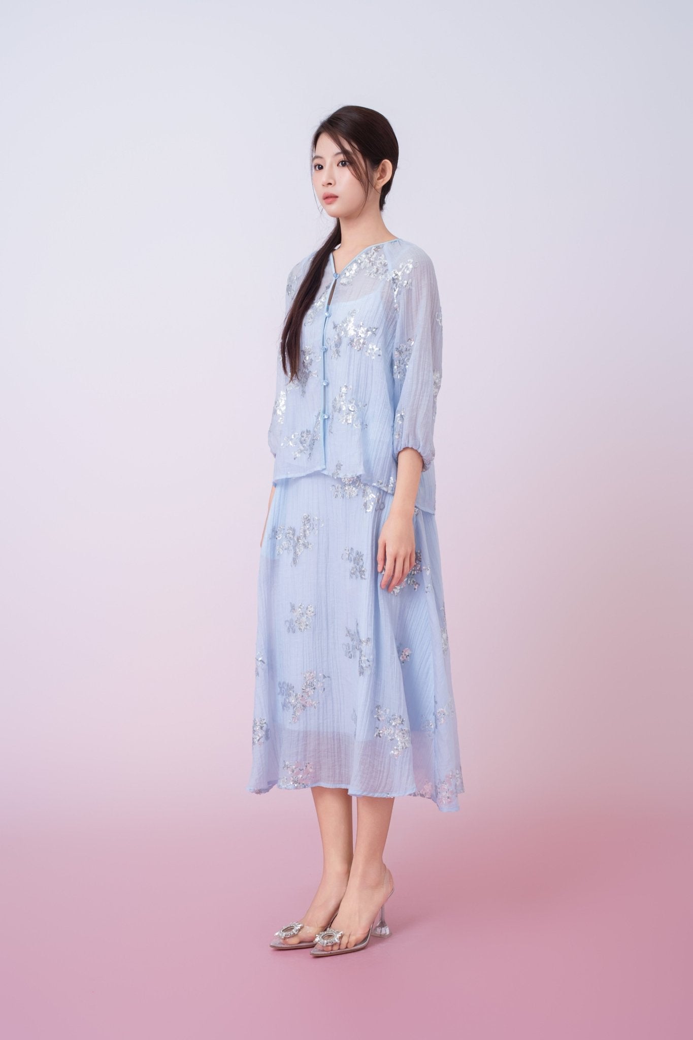 Keily Light Blue Sequined Sheer Organza Long Sleeve Top - Nimisski
