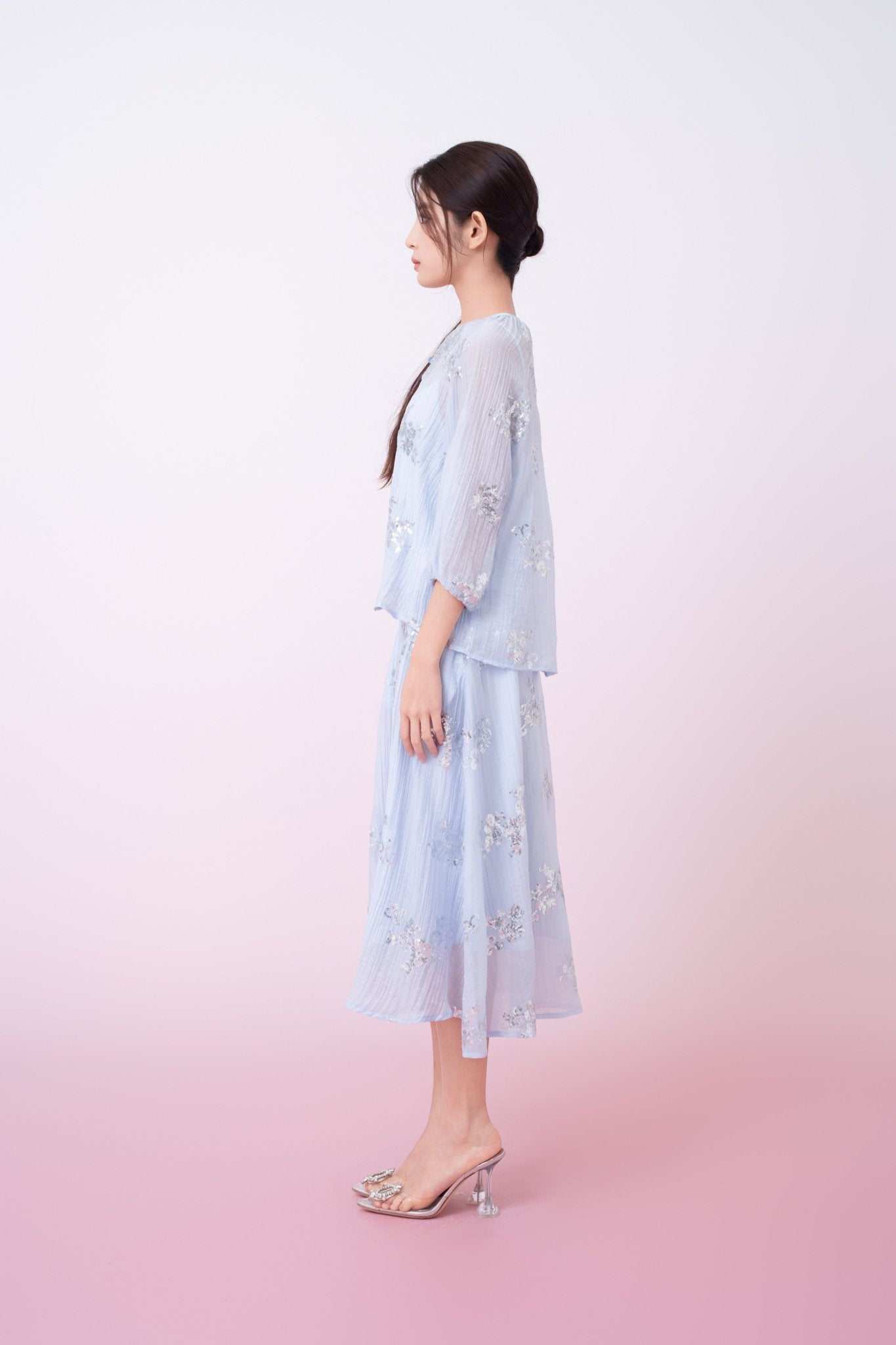 Keily Light Blue Sequined Sheer Organza Long Sleeve Top - Nimisski