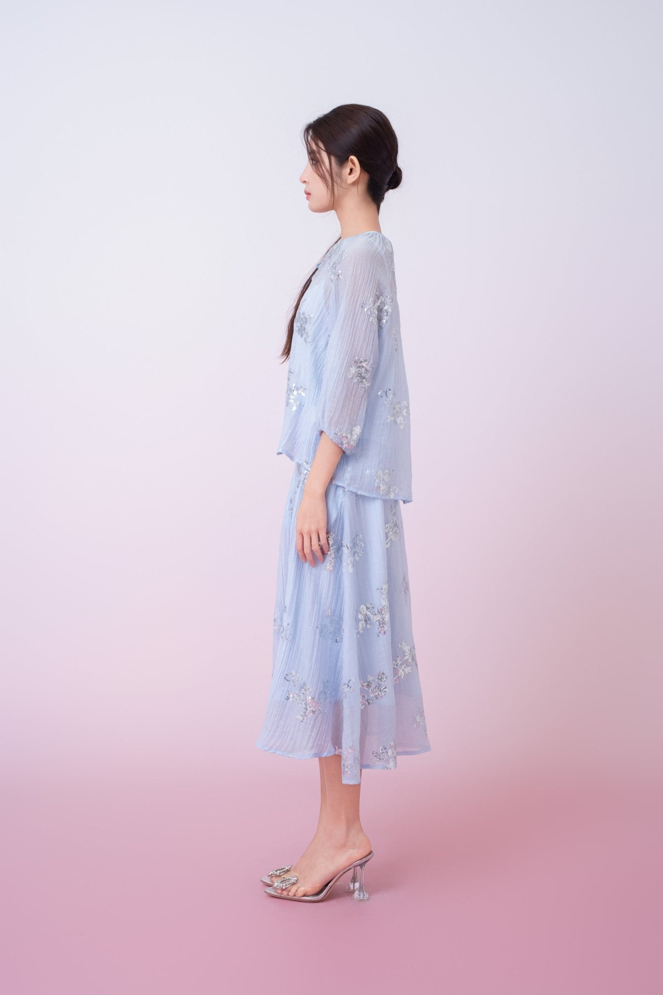 Keily Light Blue Sequined Sheer Organza Long Sleeve Top - Nimisski