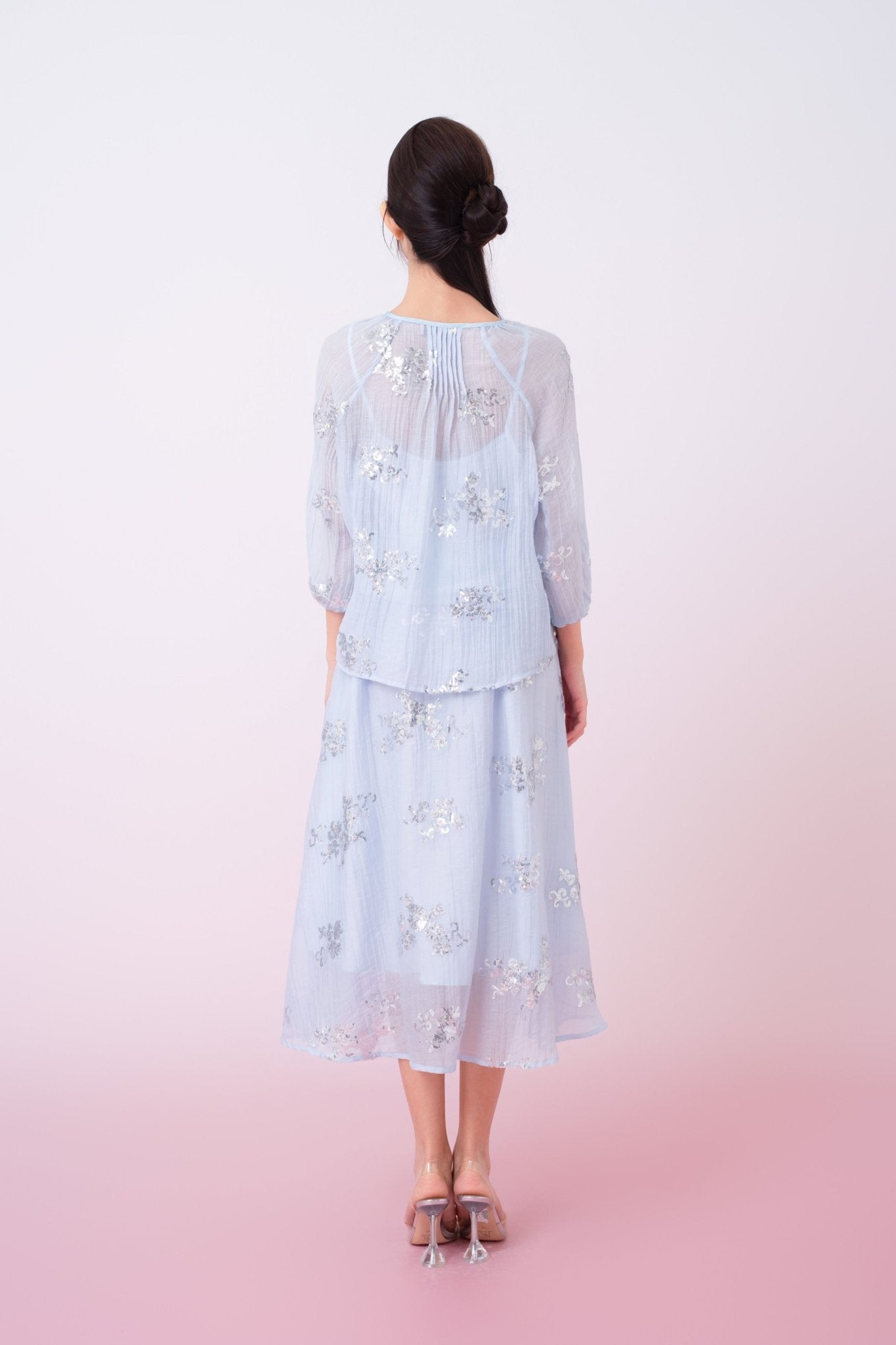 Keily Light Blue Sequined Sheer Organza Midi Skirt - Nimisski