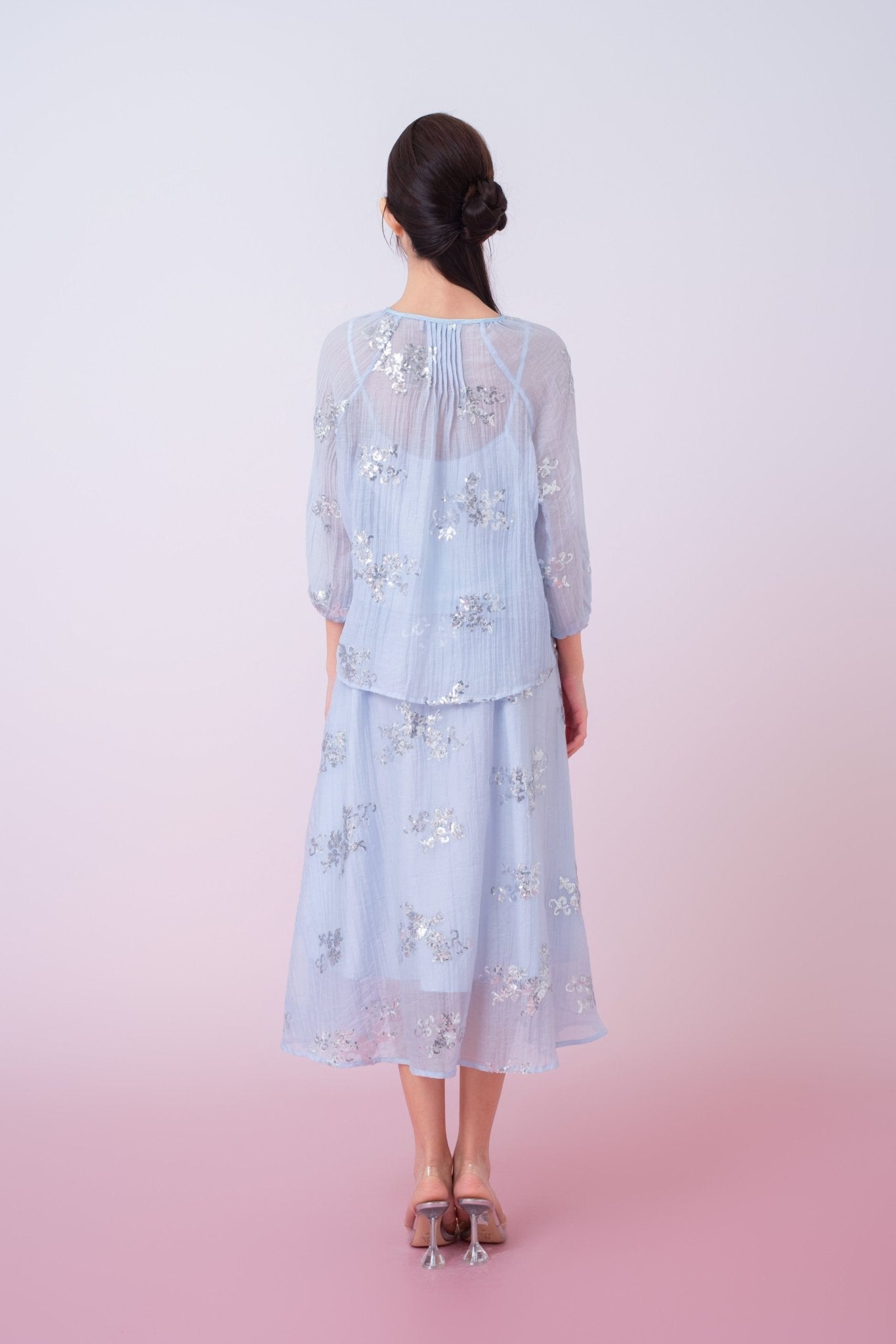 Keily Light Blue Sequined Sheer Organza Long Sleeve Top - Nimisski