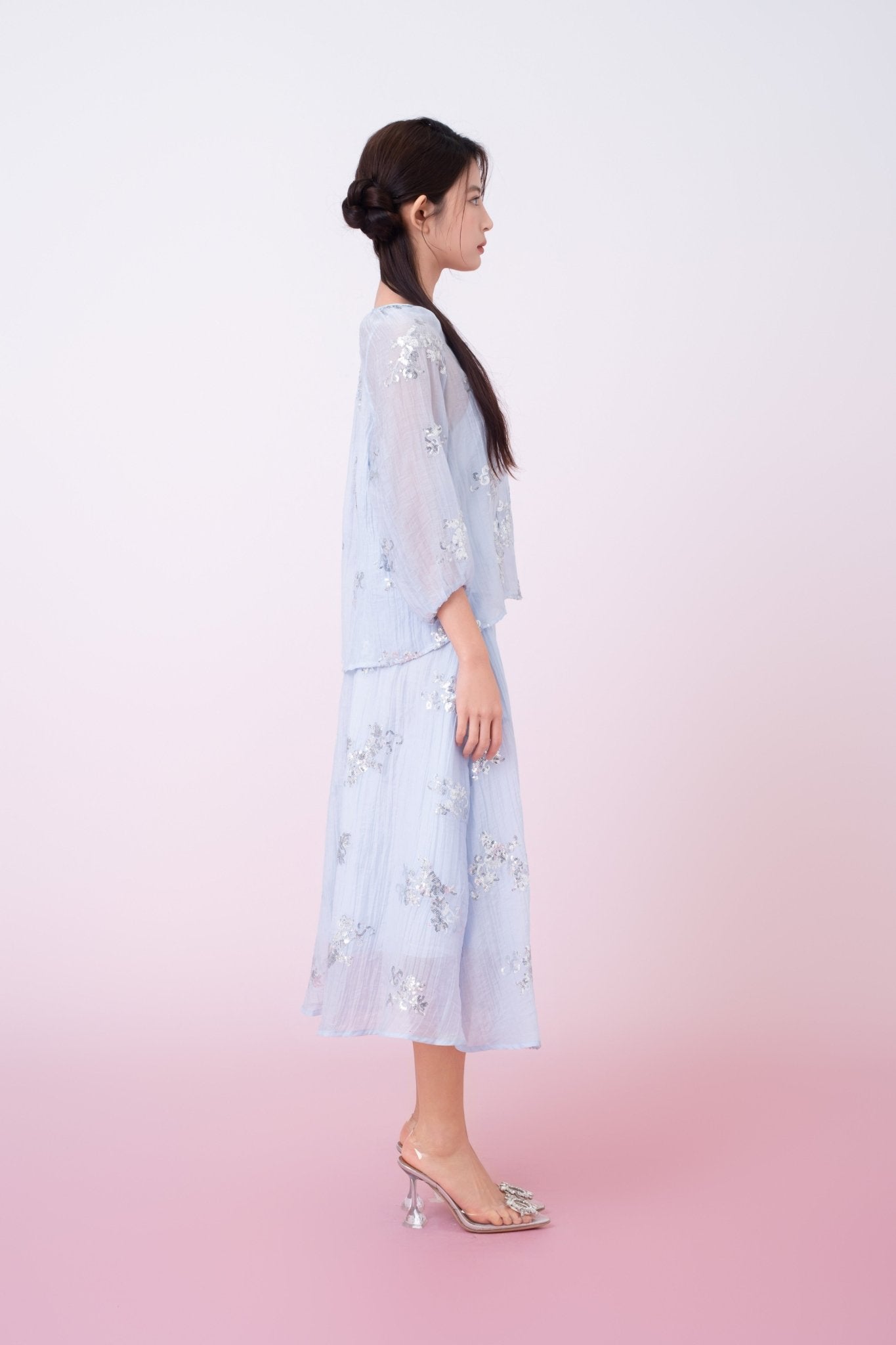 Keily Light Blue Sequined Sheer Organza Midi Skirt - Nimisski