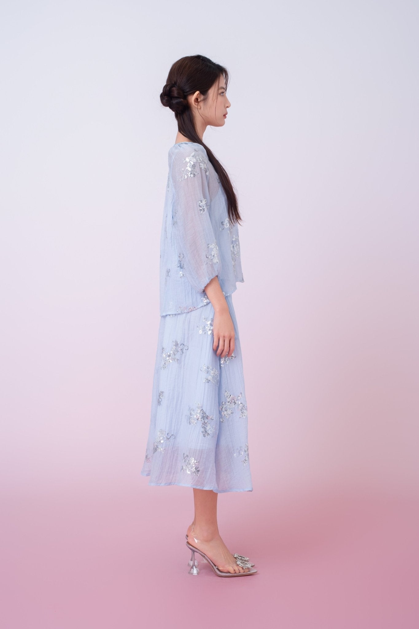Keily Light Blue Sequined Sheer Organza Midi Skirt - Nimisski