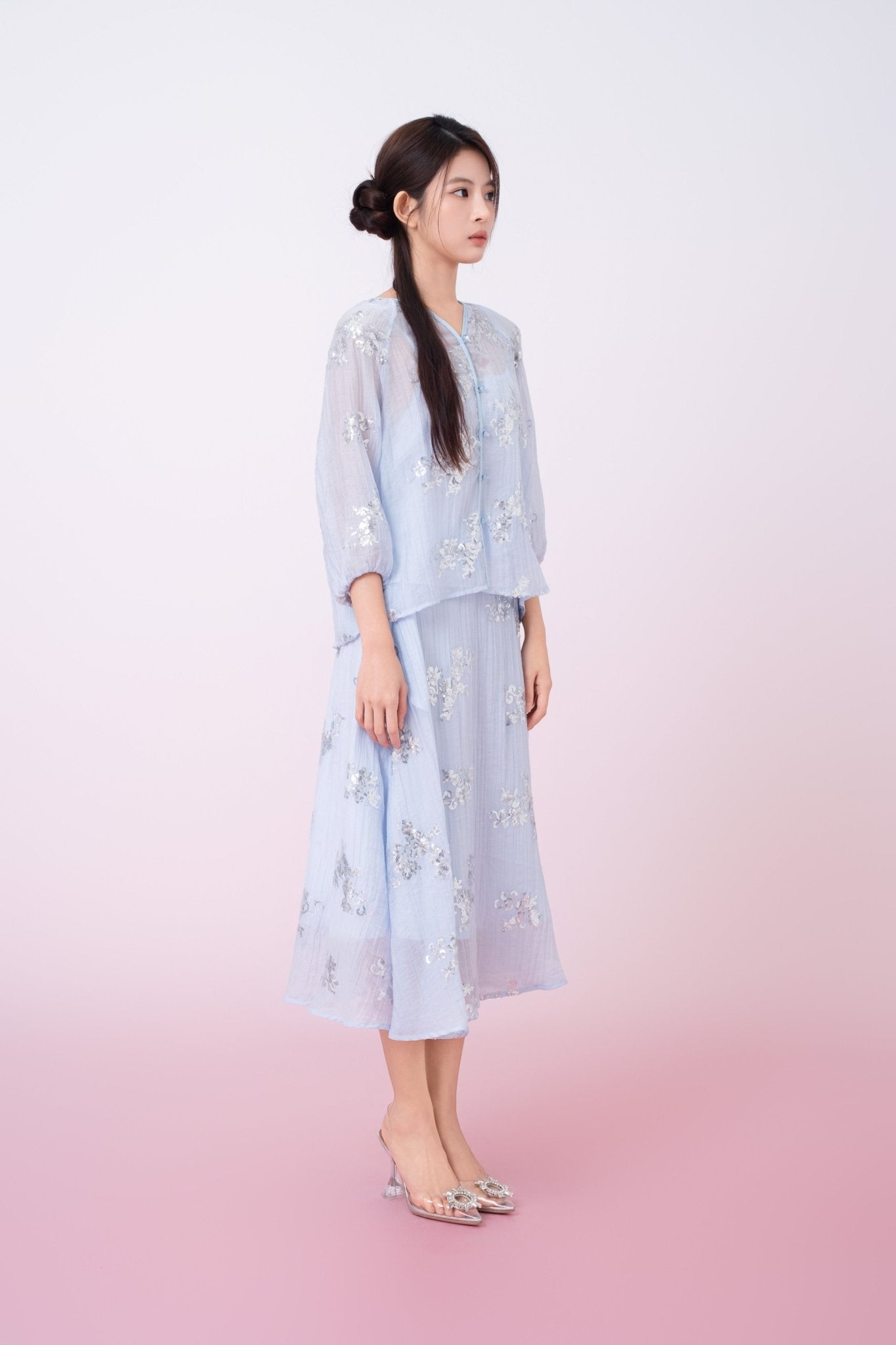 Keily Light Blue Sequined Sheer Organza Long Sleeve Top - Nimisski