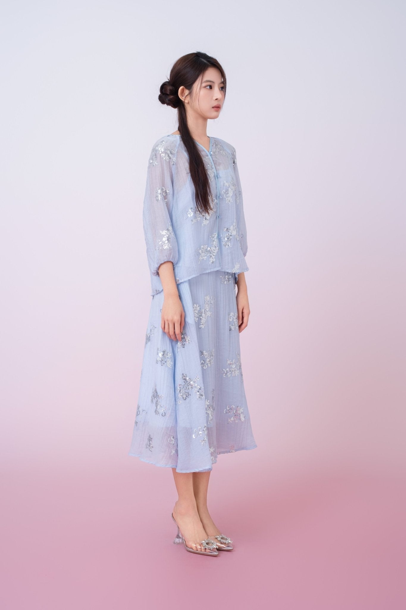Keily Light Blue Sequined Sheer Organza Long Sleeve Top - Nimisski