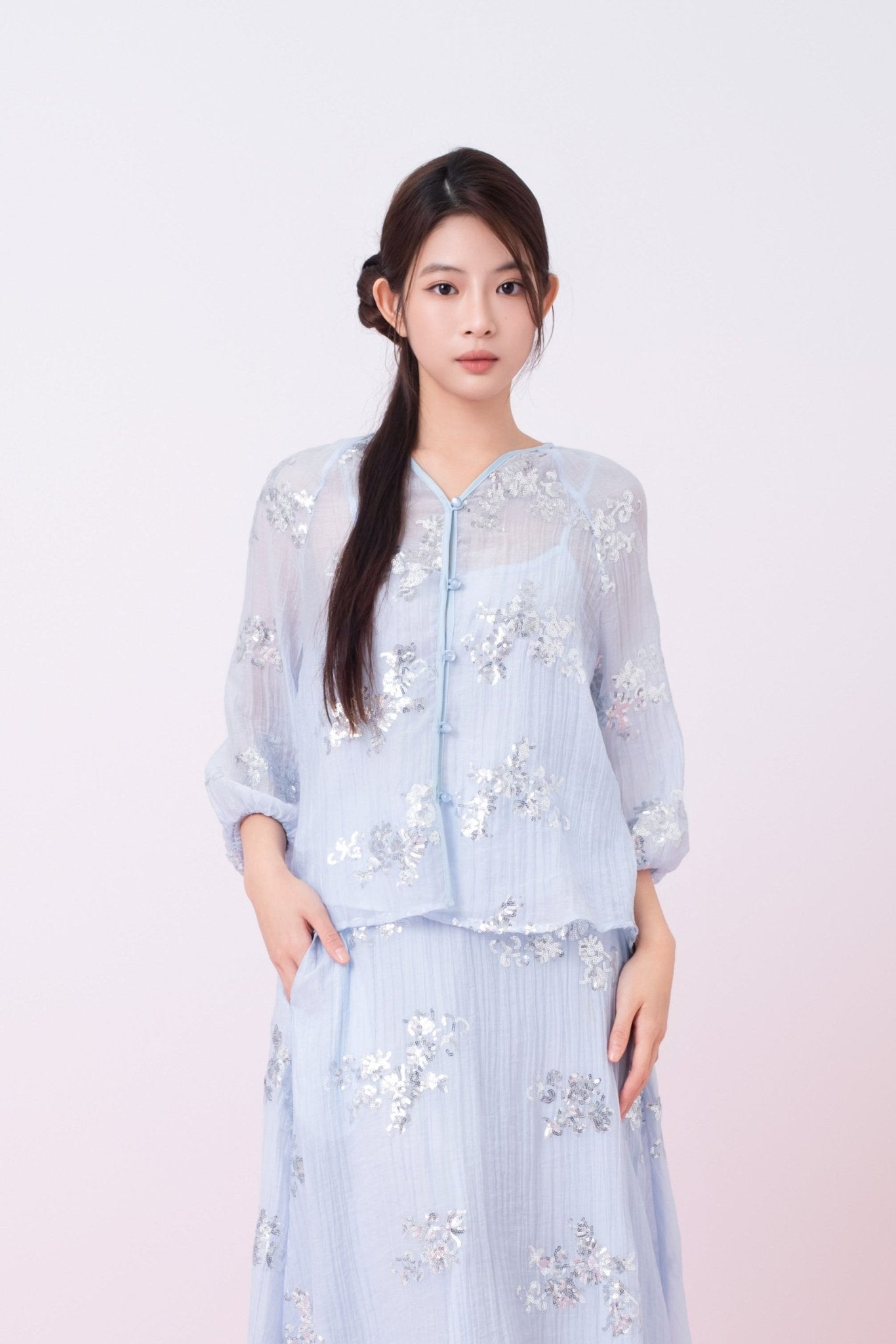 Keily Light Blue Sequined Sheer Organza Long Sleeve Top - Nimisski