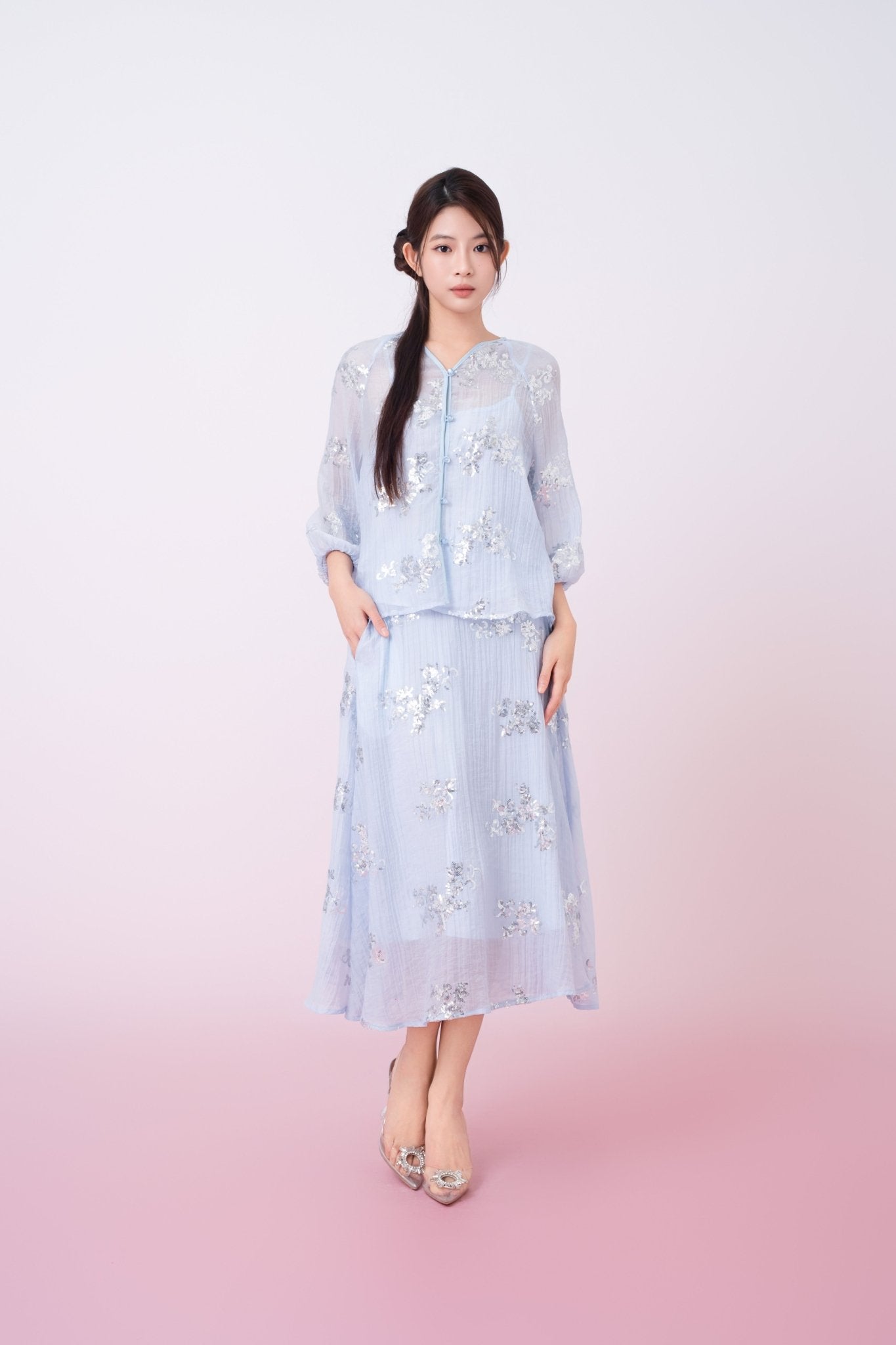 Keily Light Blue Sequined Sheer Organza Midi Skirt - Nimisski