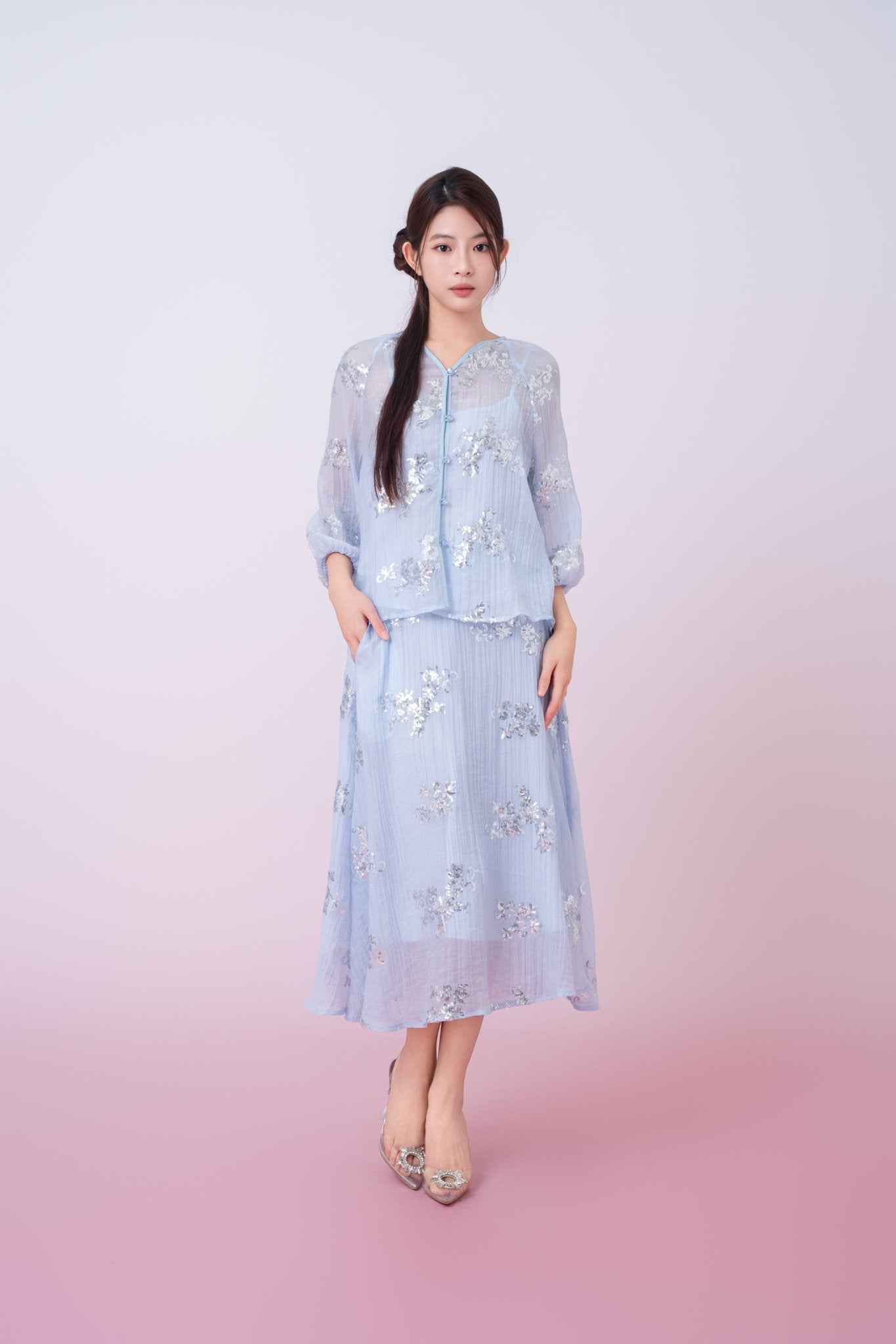 Keily Light Blue Sequined Sheer Organza Midi Skirt - Nimisski
