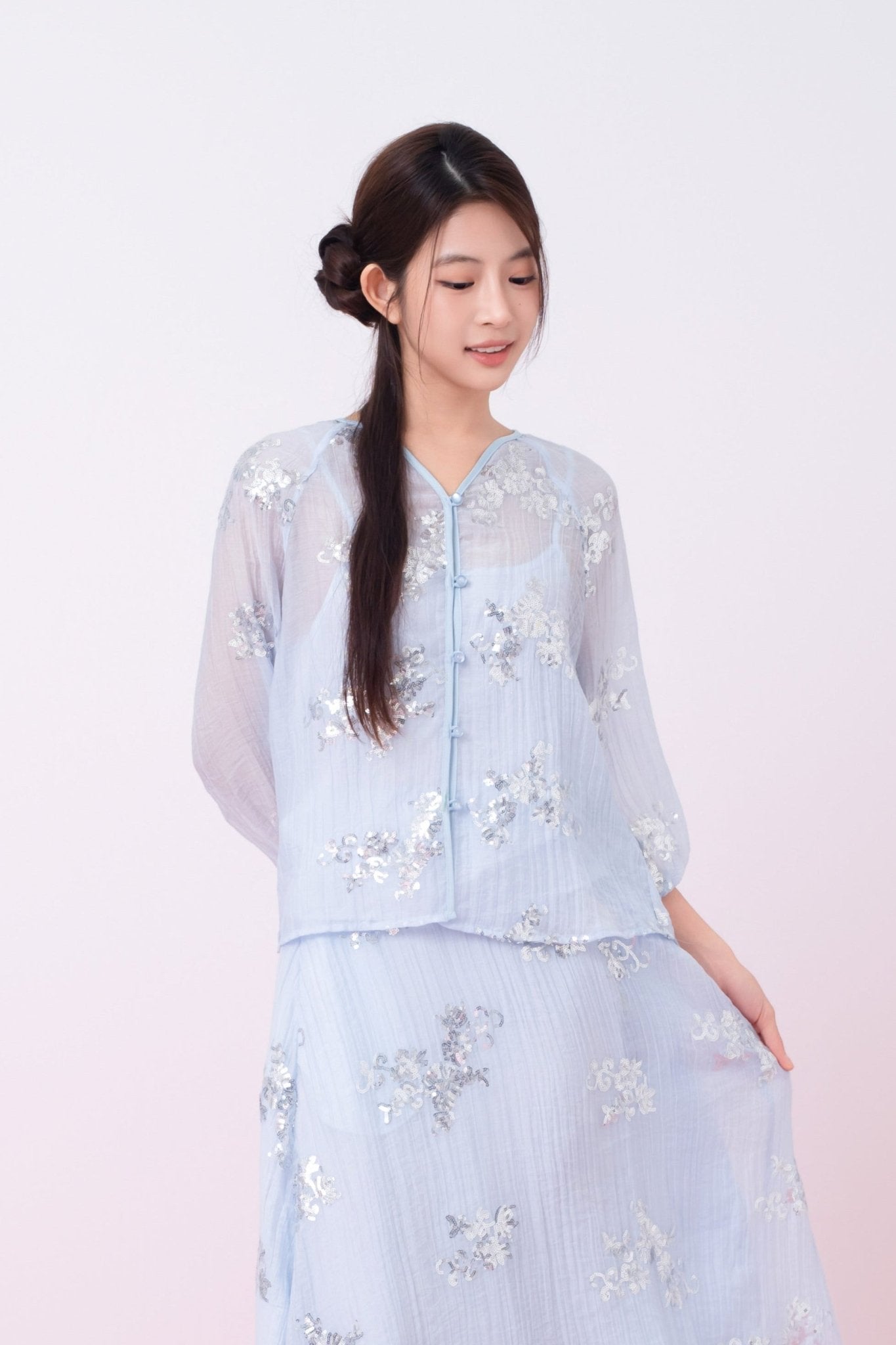 Keily Light Blue Sequined Sheer Organza Long Sleeve Top - Nimisski