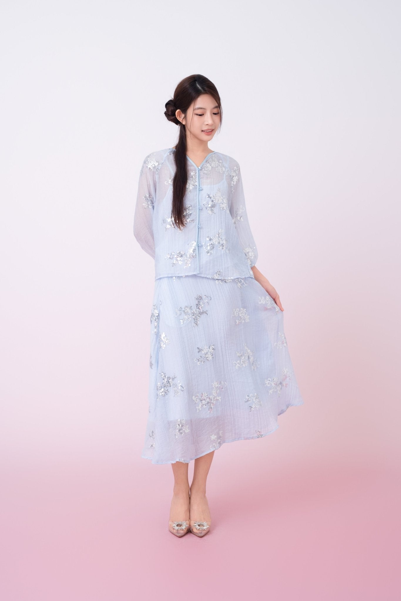 Keily Light Blue Sequined Sheer Organza Midi Skirt - Nimisski