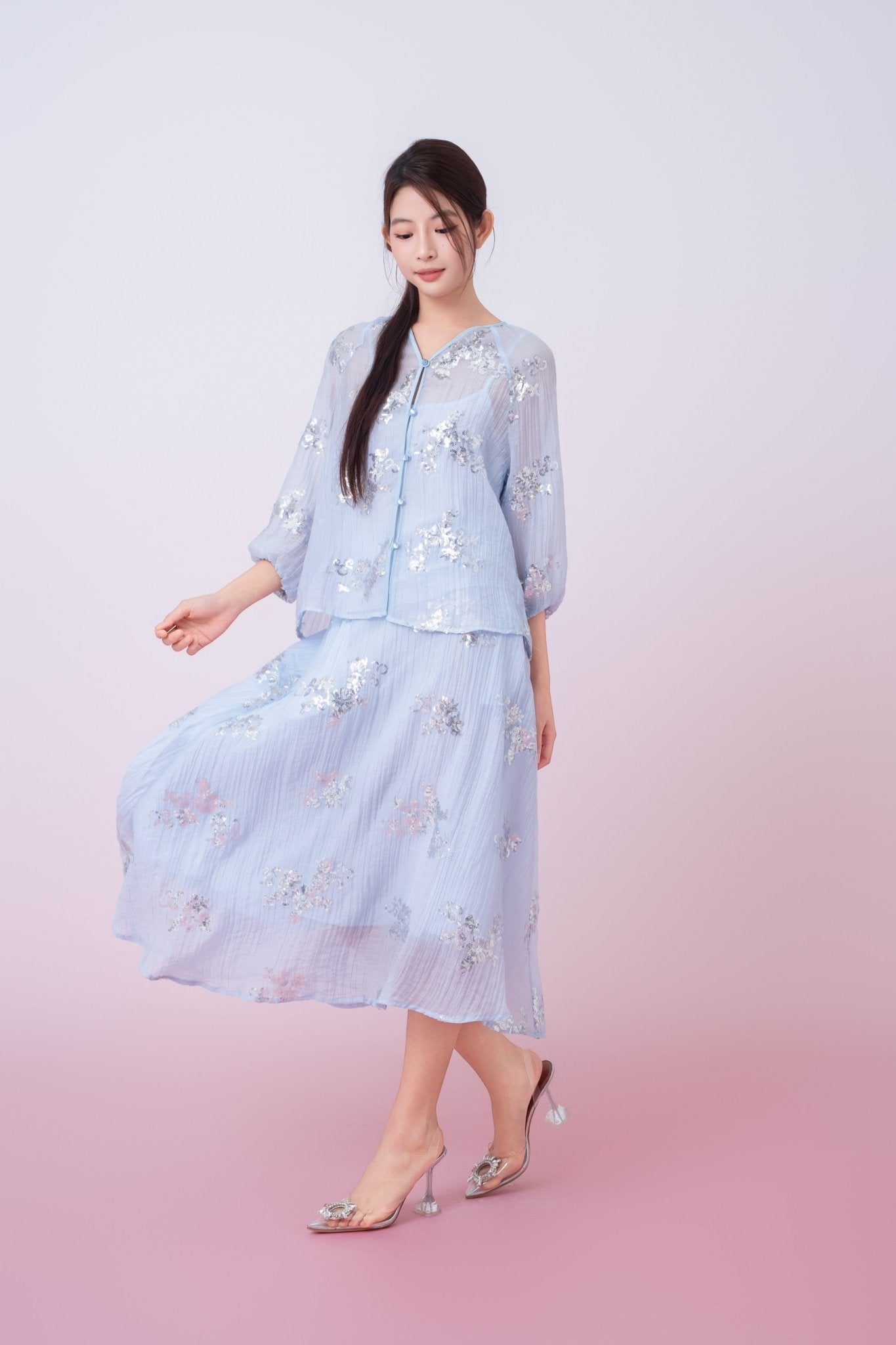 Keily Light Blue Sequined Sheer Organza Midi Skirt - Nimisski