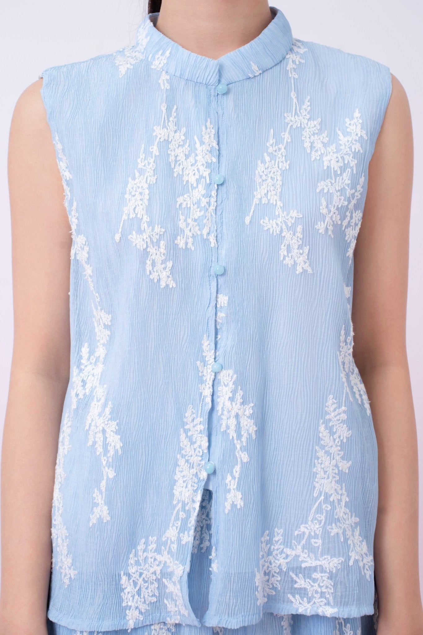 Kyla Light Blue With White Floral Mandarin Collar Top - Nimisski