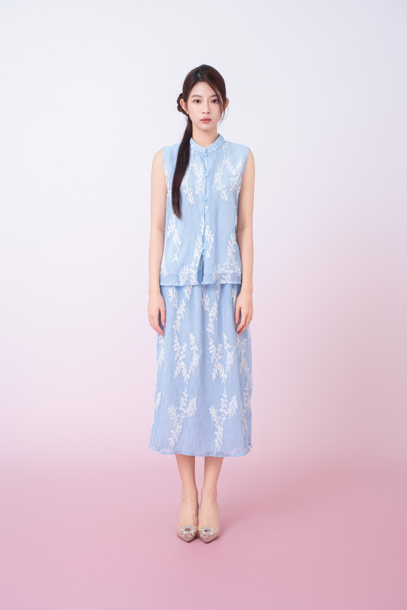 Kyla Light Blue With White Floral Mandarin Collar Top - Nimisski