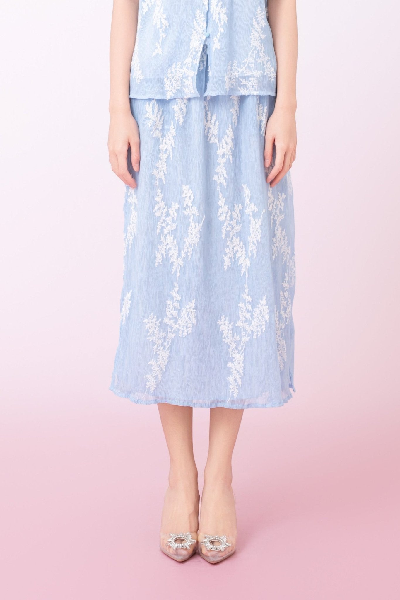 Kyla Light Blue With White Floral Midi Skirt - Nimisski