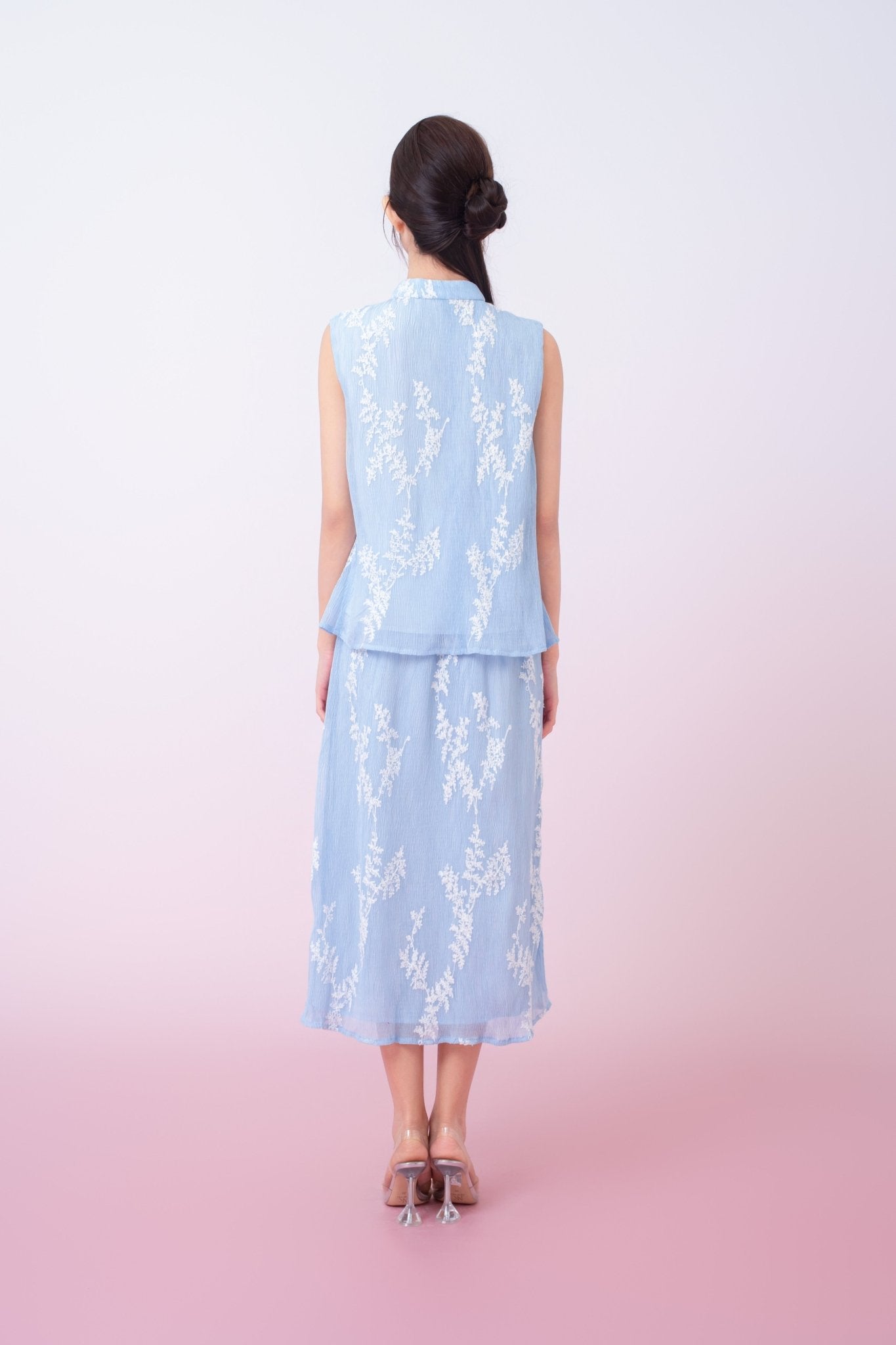 Kyla Light Blue With White Floral Mandarin Collar Top - Nimisski