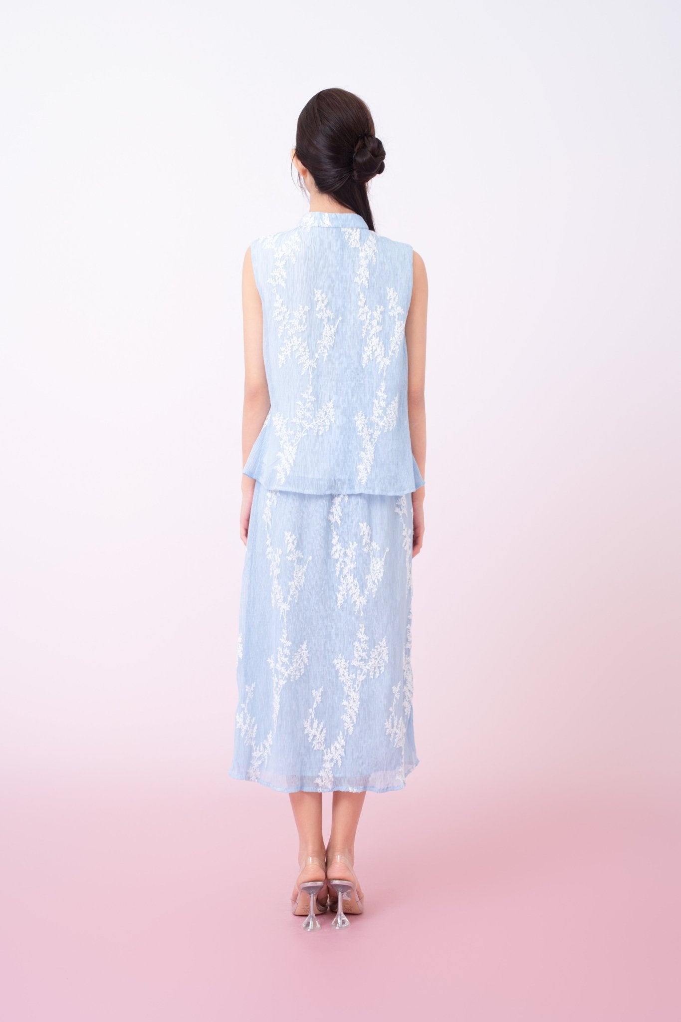 Kyla Light Blue With White Floral Midi Skirt - Nimisski