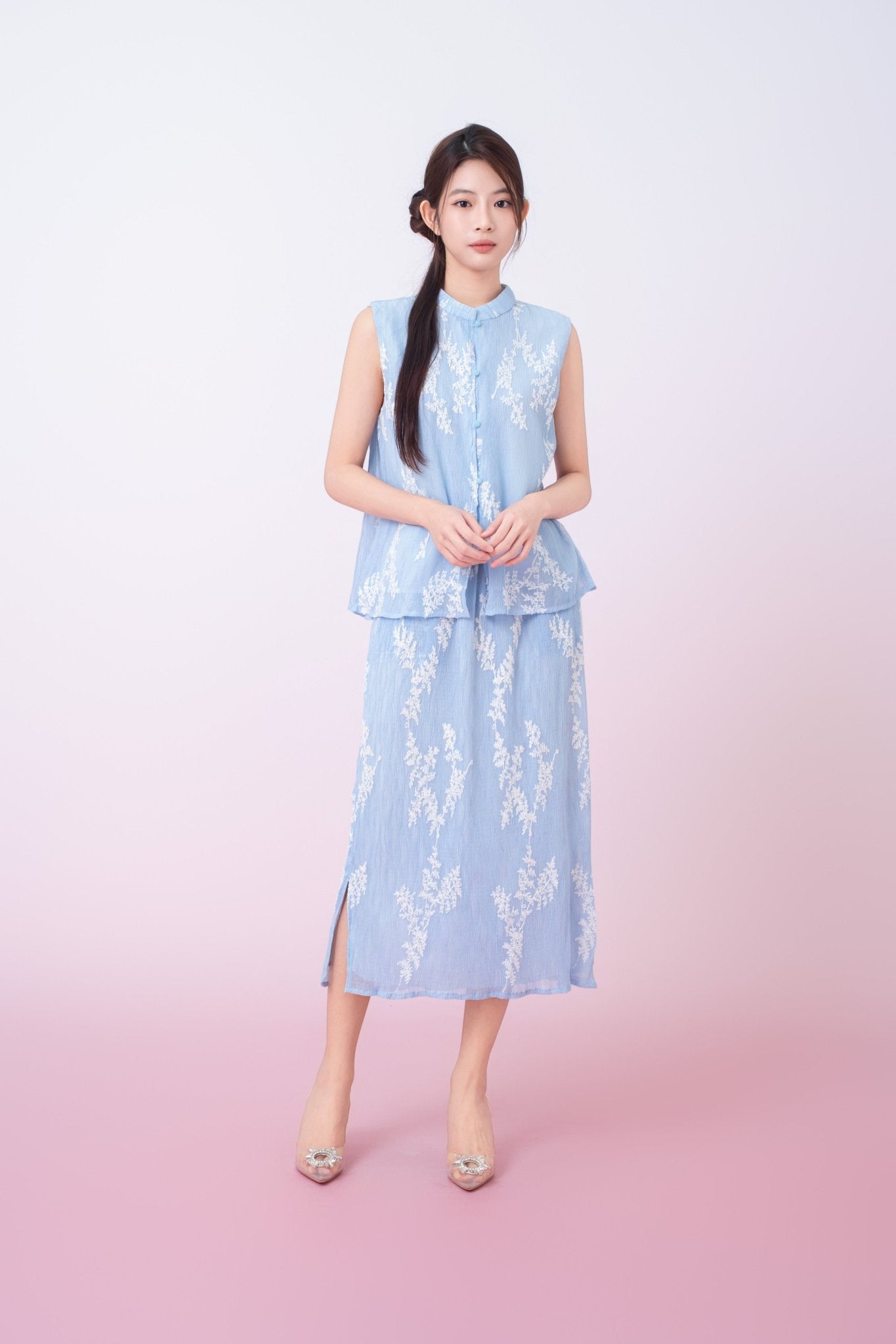 Kyla Light Blue With White Floral Midi Skirt - Nimisski