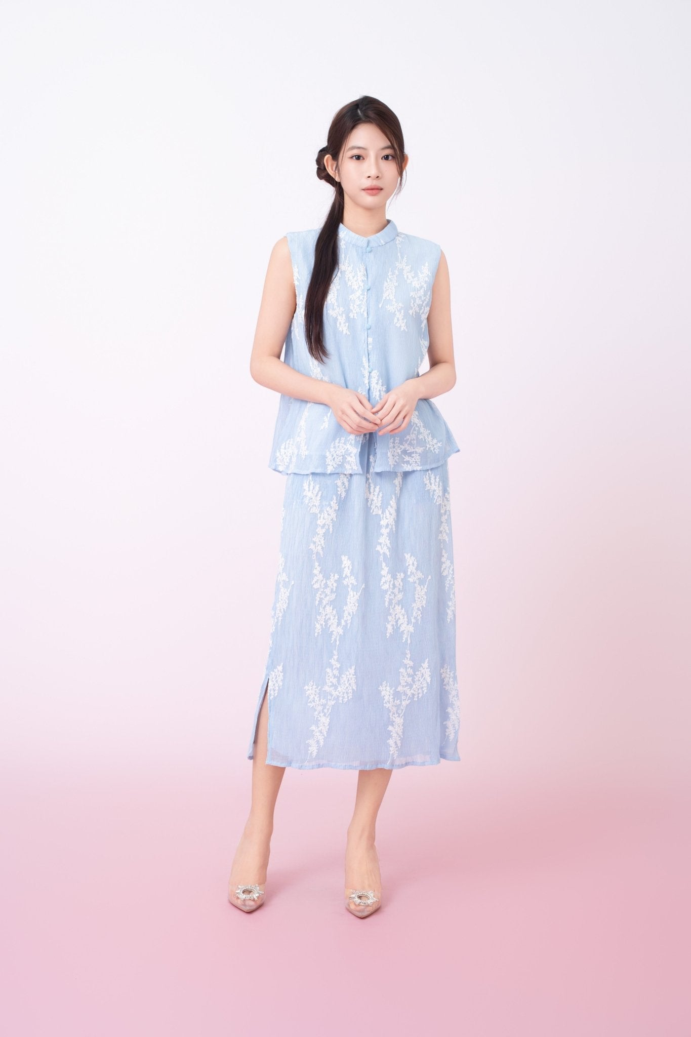 Kyla Light Blue With White Floral Midi Skirt - Nimisski